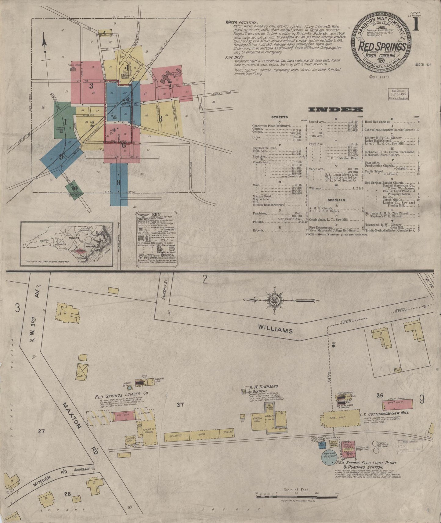 Sanborn Fire Insurance Map from Red Springs, Robeson County, North Carolina (1922), Sheet #0001 - Historic Sanborn Fire Insurance Map Print, vintage old map wall art, antique decor, genealogy gift, North Carolina North Carolina map