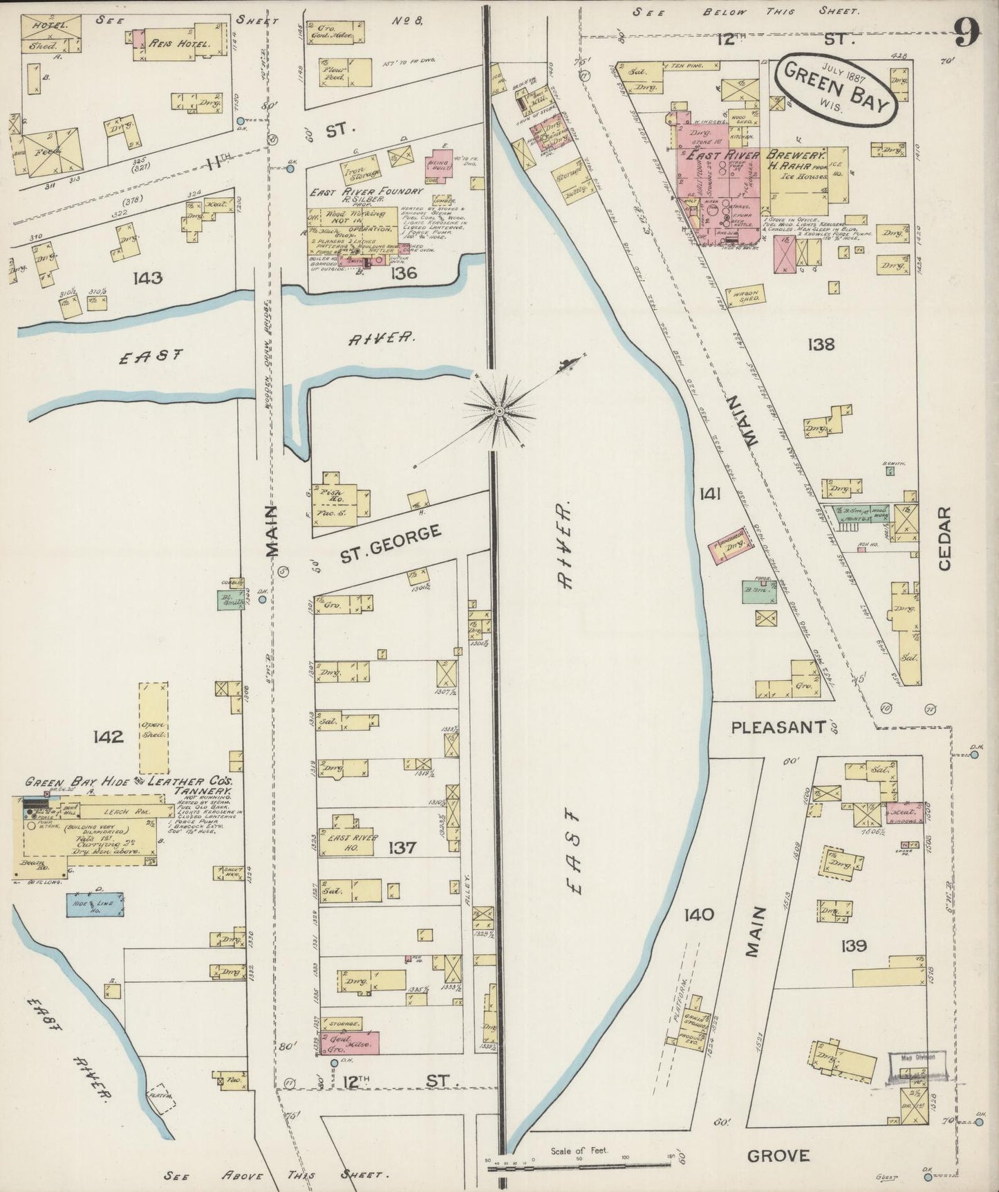 Sanborn Fire Insurance Map from Green Bay, Brown County, Wisconsin (1887), Sheet #0009 - Historic Sanborn Fire Insurance Map Print, vintage old map wall art, antique decor, genealogy gift, Wisconsin Wisconsin map