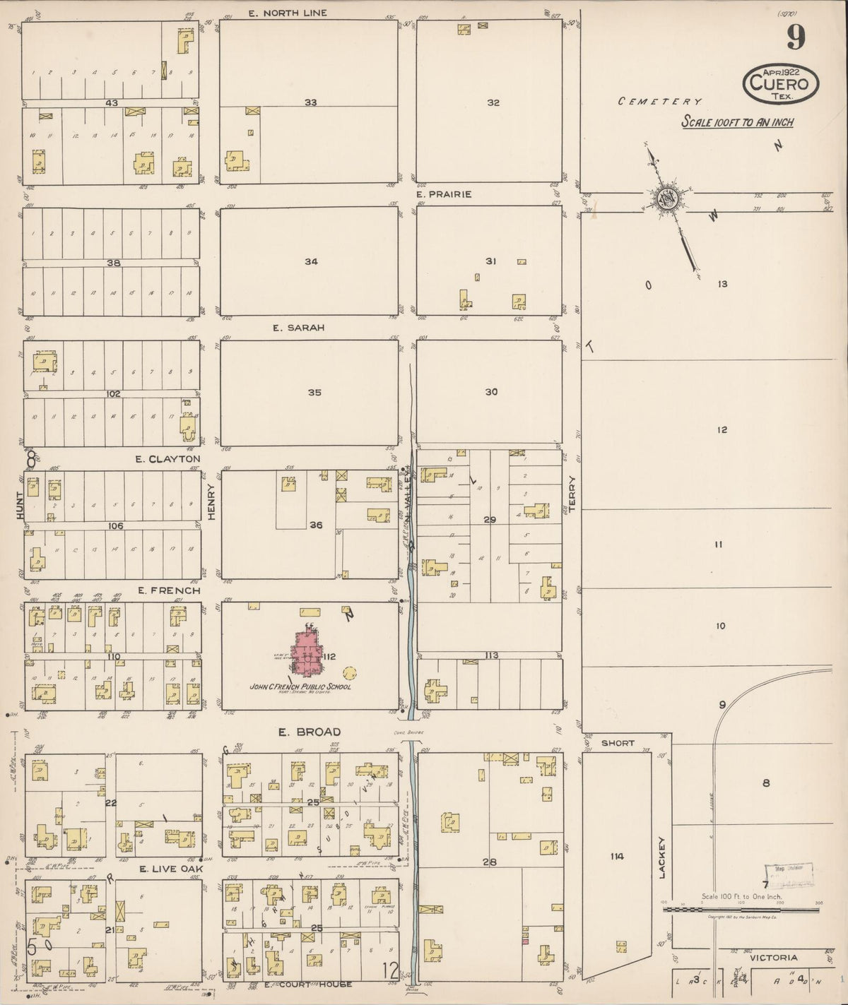Sanborn Fire Insurance Map from Cuero, De Witt County, Texas (1922), Sheet #0009 - Complete Map Set gallery image, historic Sanborn map, vintage wall art, Texas Texas
