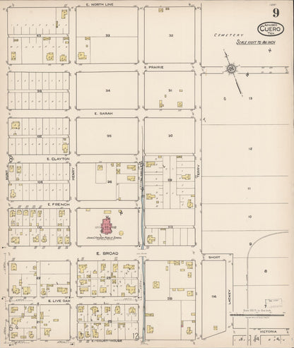 Sanborn Fire Insurance Map from Cuero, De Witt County, Texas (1922), Sheet #0009 - Complete Map Set gallery image, historic Sanborn map, vintage wall art, Texas Texas