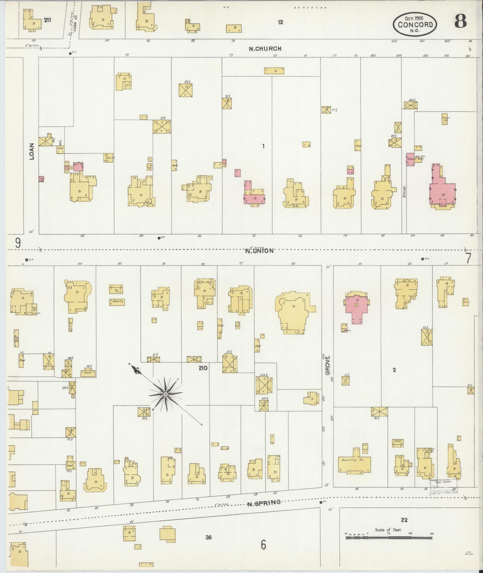 Sanborn Fire Insurance Map from Concord, Cabarrus County, North Carolina (1906), Sheet #0008 - Complete Map Set gallery image, historic Sanborn map, vintage wall art, North Carolina North Carolina