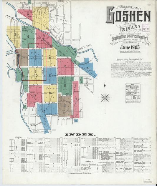 Sanborn Fire Insurance Map from Goshen, Elkhart County, Indiana (1905), Sheet #0001 - Historic Sanborn Fire Insurance Map Print, vintage old map wall art, antique decor, genealogy gift, Indiana Indiana map