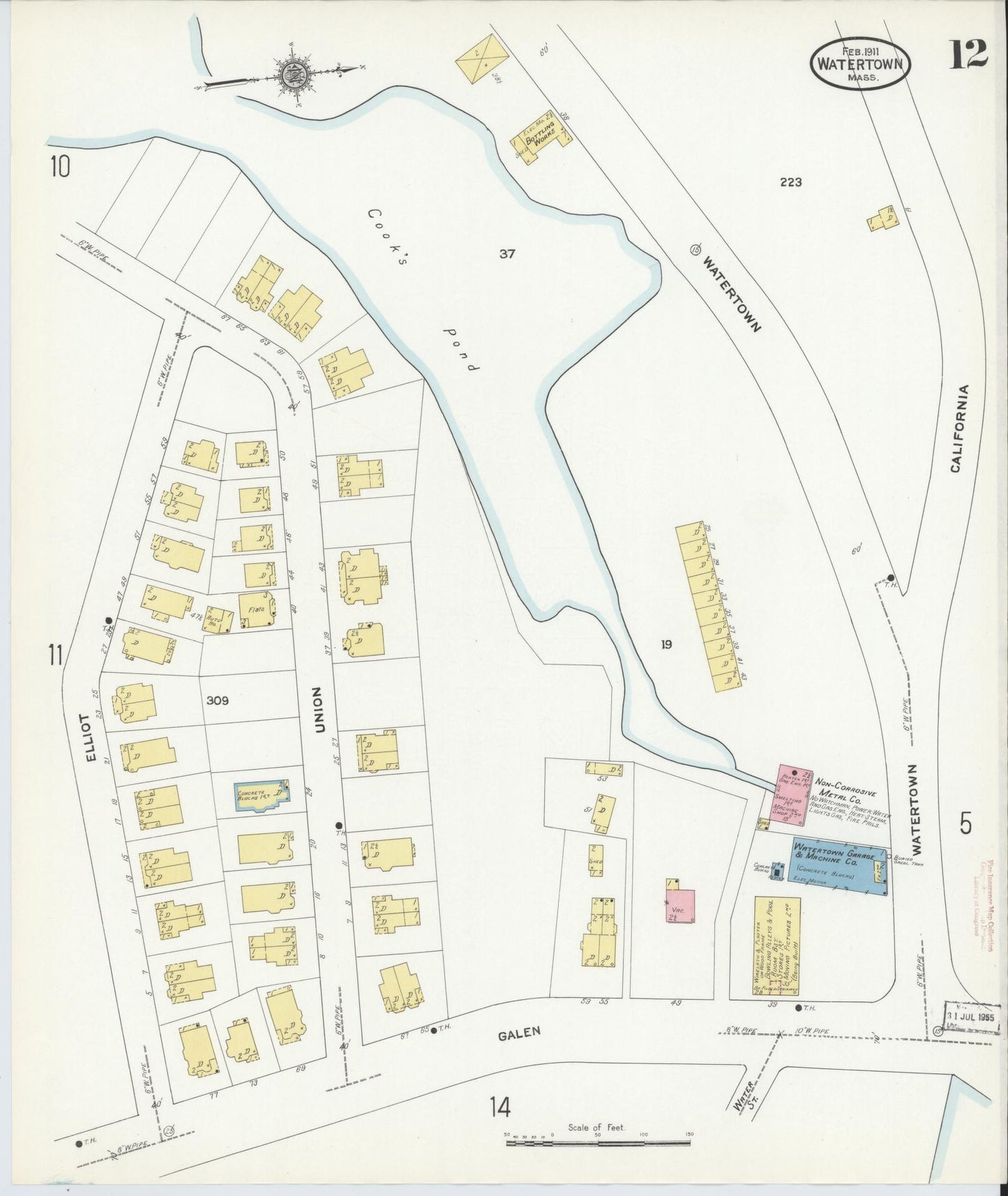 Sanborn Fire Insurance Map from Watertown, Middlesex County, Massachusetts (1911), Sheet #0012 - Historic Sanborn Fire Insurance Map Print, vintage old map wall art, antique decor, genealogy gift, Massachusetts Massachusetts map
