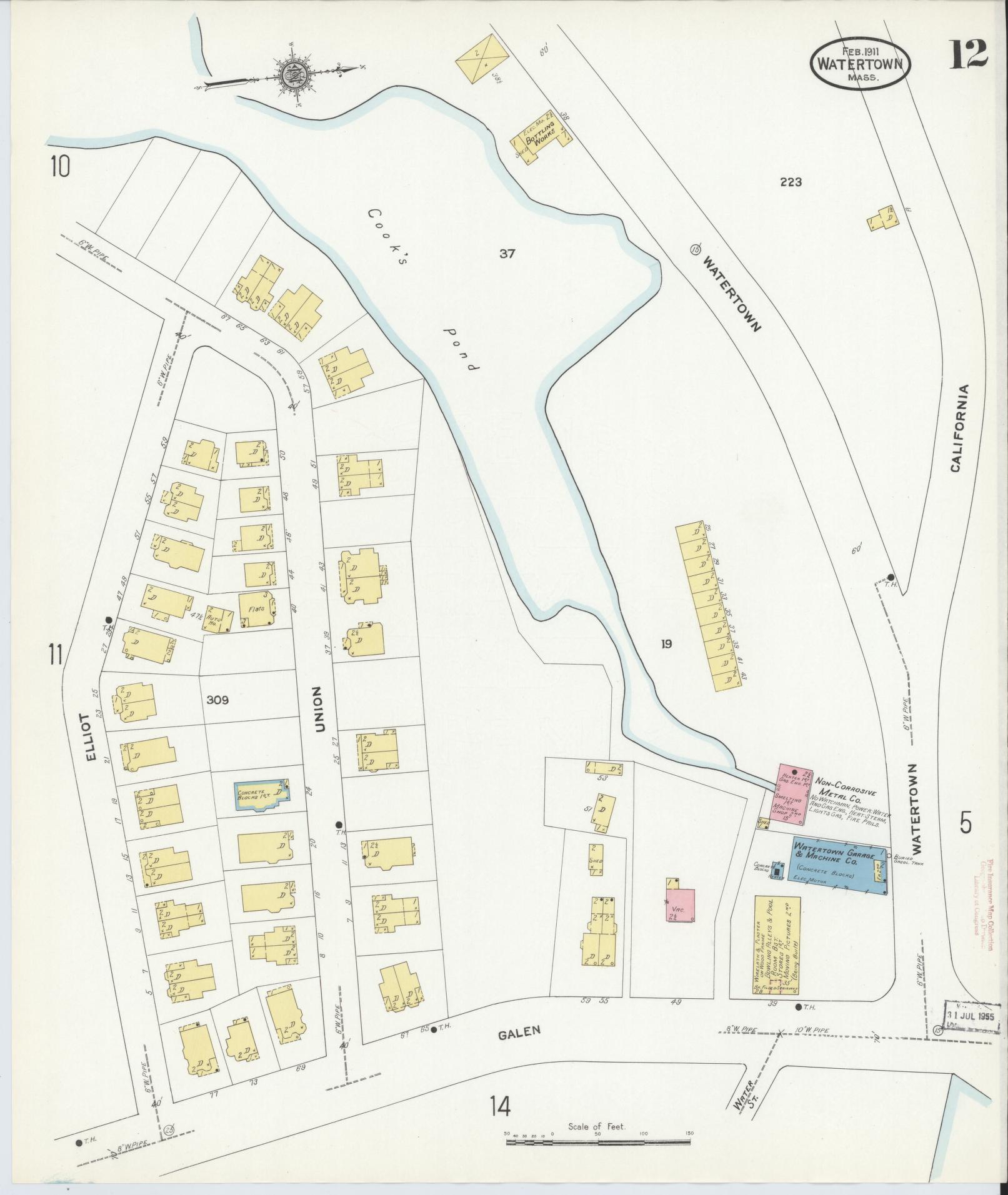 Sanborn Fire Insurance Map from Watertown, Middlesex County, Massachusetts (1911), Sheet #0012 - Historic Sanborn Fire Insurance Map Print, vintage old map wall art, antique decor, genealogy gift, Massachusetts Massachusetts map