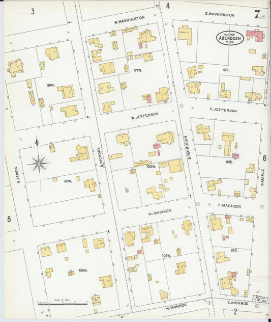 Sanborn Fire Insurance Map from Aberdeen, Monroe County, Mississippi (1905), Sheet #0007 - Historic Sanborn Fire Insurance Map Print, vintage old map wall art, antique decor, genealogy gift, Mississippi Mississippi map