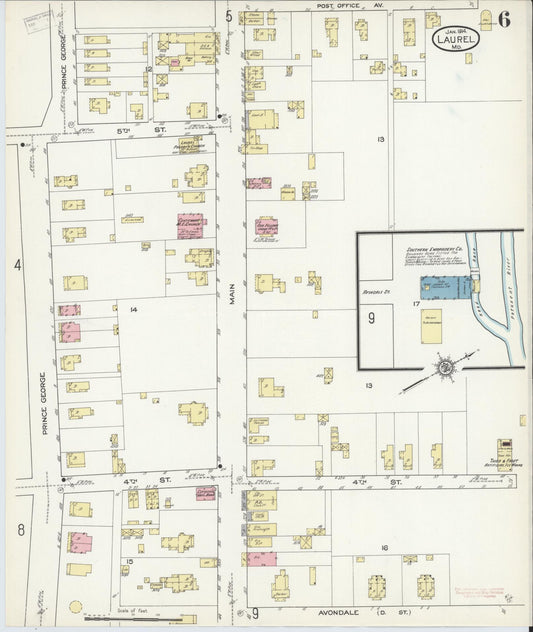 Sanborn Fire Insurance Map from Laurel, Prince Georges County, Maryland (1914), Sheet #0006 - Historic Sanborn Fire Insurance Map Print, vintage old map wall art