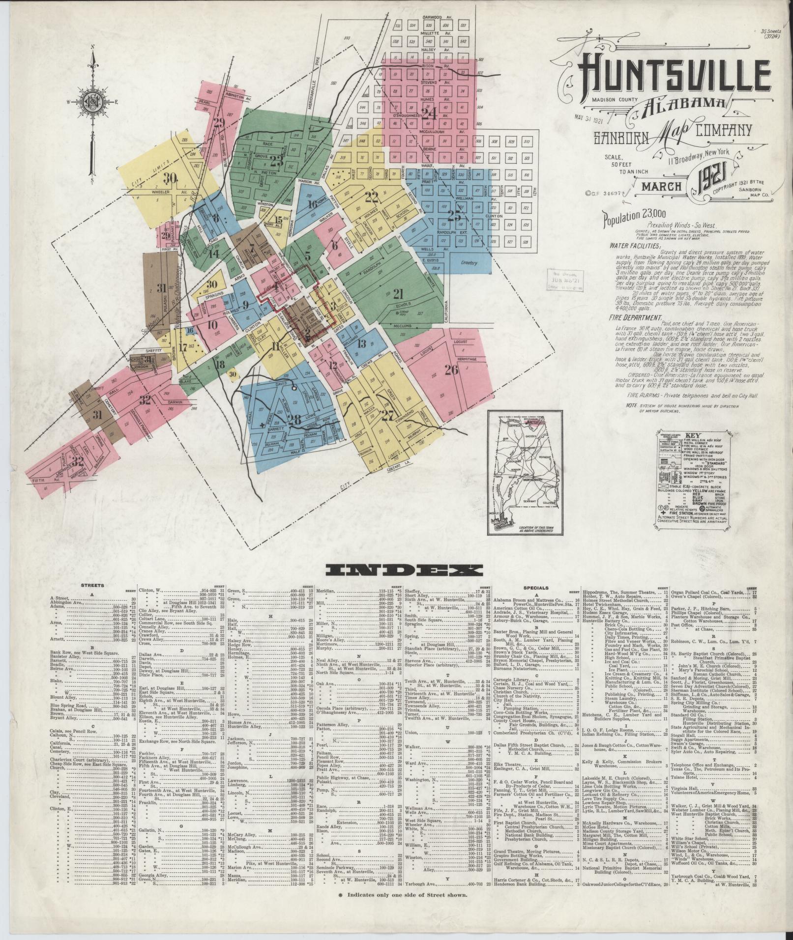 Sanborn Fire Insurance Map from Huntsville, Madison County, Alabama (1921), Sheet #0001 - Complete Map Set gallery image, historic Sanborn map, vintage wall art, Alabama Alabama