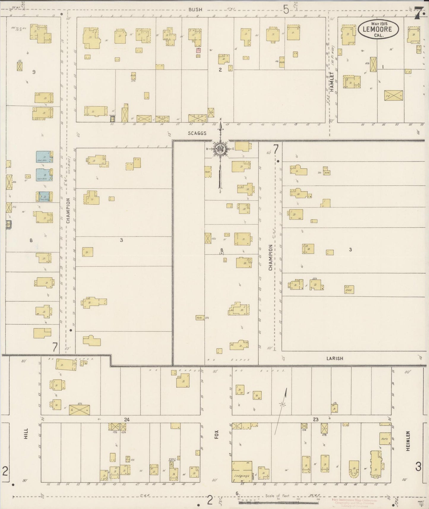 Sanborn Fire Insurance Map from Lemoore, Kings County, California (1915), Sheet #0007 - Historic Sanborn Fire Insurance Map Print, vintage old map wall art, antique decor, genealogy gift, California California map