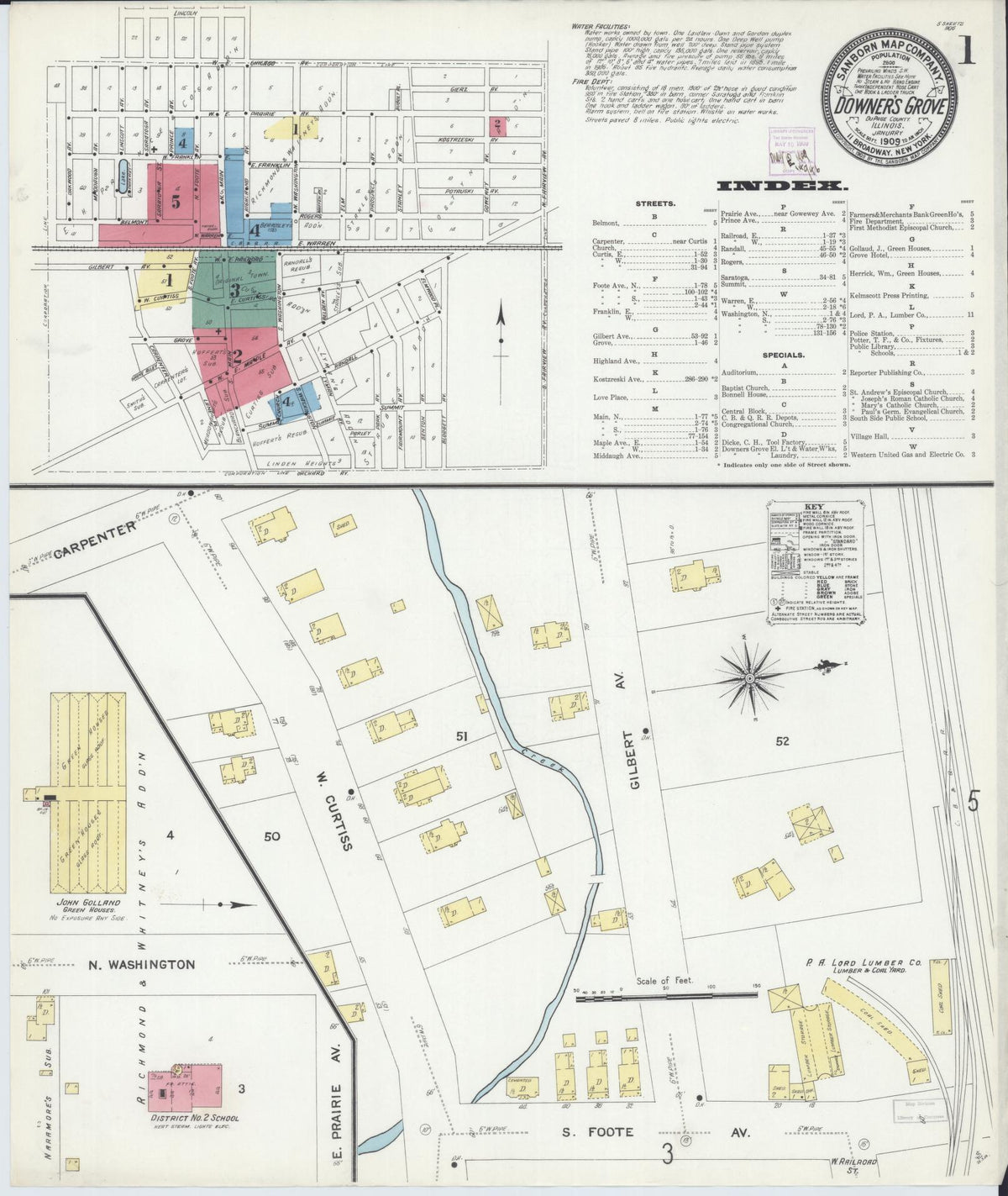 Sanborn Fire Insurance Map from Downers Grove, Dupage County, Illinois (1909), Sheet #0001 - Historic Sanborn Fire Insurance Map Print, vintage old map wall art, antique decor, genealogy gift, Illinois Illinois map