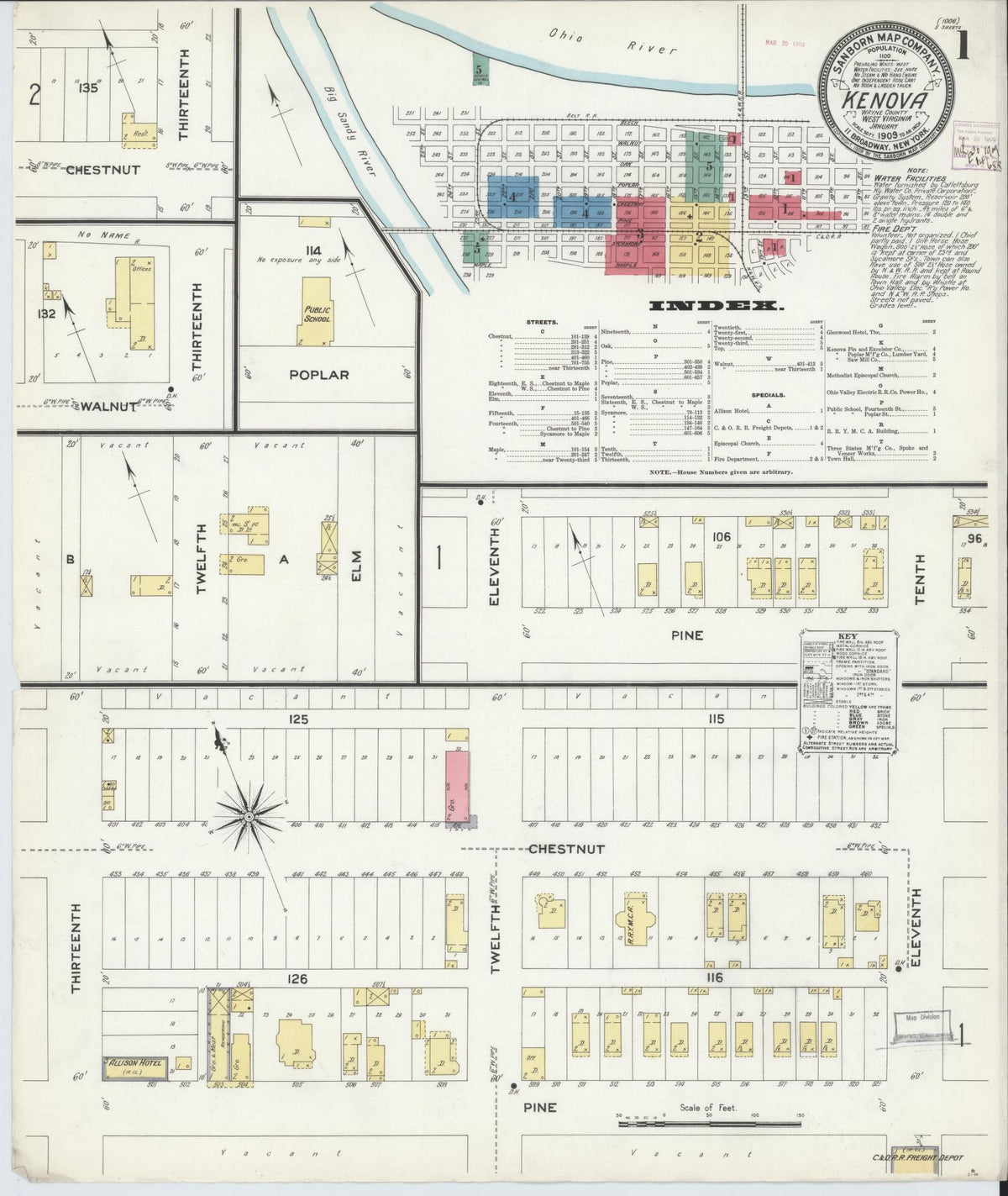 Sanborn Fire Insurance Map from Kenova, Wayne County, West Virginia (1909), Sheet #0001 - Complete Map Set gallery image, historic Sanborn map, vintage wall art, West Virginia West Virginia