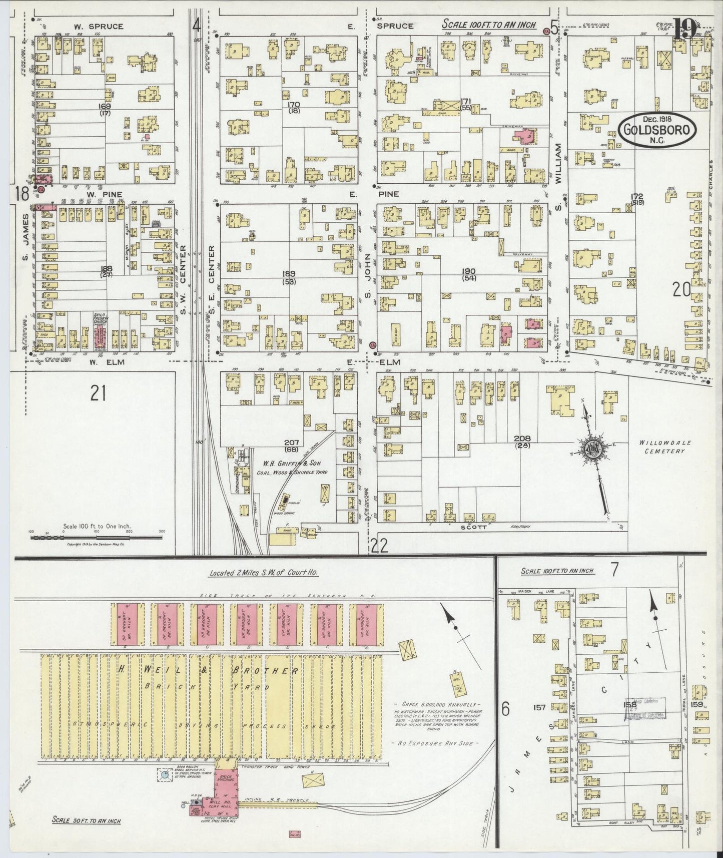 Sanborn Fire Insurance Map from Goldsboro, Wayne County, North Carolina (1918), Sheet #0019 - Complete Map Set gallery image, historic Sanborn map, vintage wall art, North Carolina North Carolina