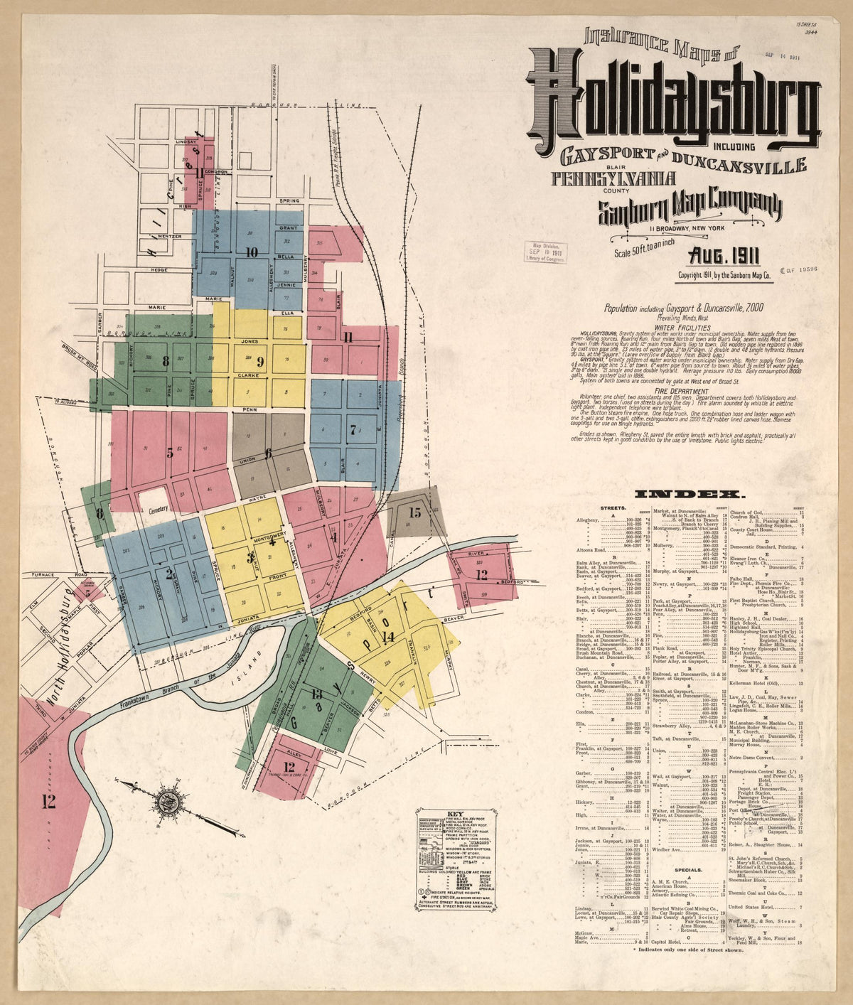 Sanborn Fire Insurance Map from Hollidaysburg, Blair County, Pennsylvania (1911), Sheet #0001 - Historic Sanborn Fire Insurance Map Print, vintage old map wall art, antique decor, genealogy gift, Pennsylvania Pennsylvania map