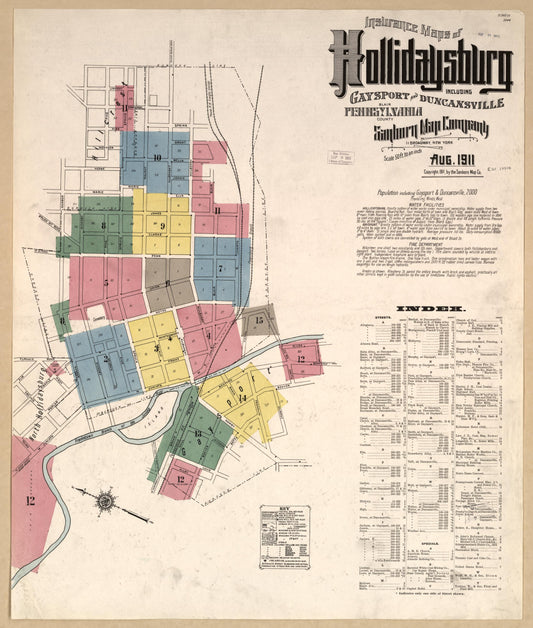Sanborn Fire Insurance Map from Hollidaysburg, Blair County, Pennsylvania (1911), Sheet #0001 - Historic Sanborn Fire Insurance Map Print, vintage old map wall art, antique decor, genealogy gift, Pennsylvania Pennsylvania map