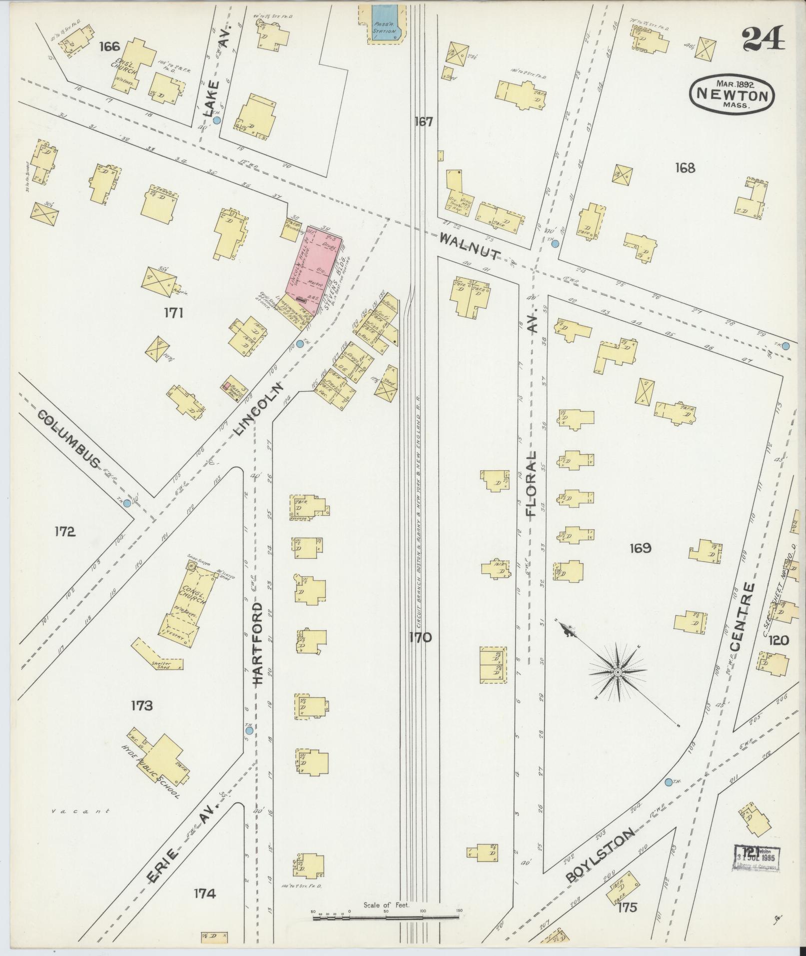 Sanborn Fire Insurance Map from Newton, Middlesex County, Massachusetts (1892), Sheet #0024 - Complete Map Set gallery image, historic Sanborn map, vintage wall art, Massachusetts Massachusetts