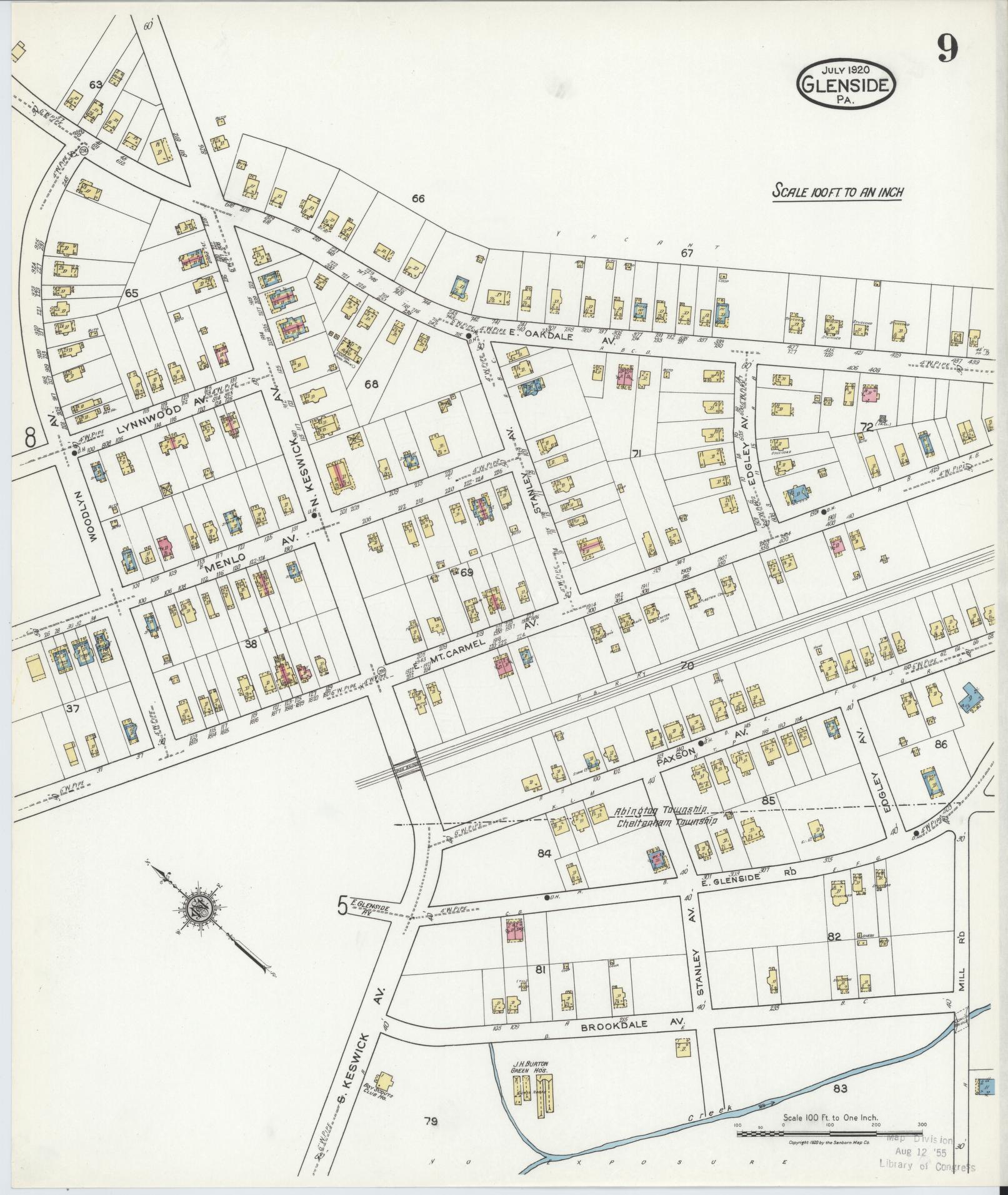 Sanborn Fire Insurance Map from Glenside, Montgomery County, Pennsylvania (1920), Sheet #0009 - Historic Sanborn Fire Insurance Map Print, vintage old map wall art, antique decor, genealogy gift, Pennsylvania Pennsylvania map