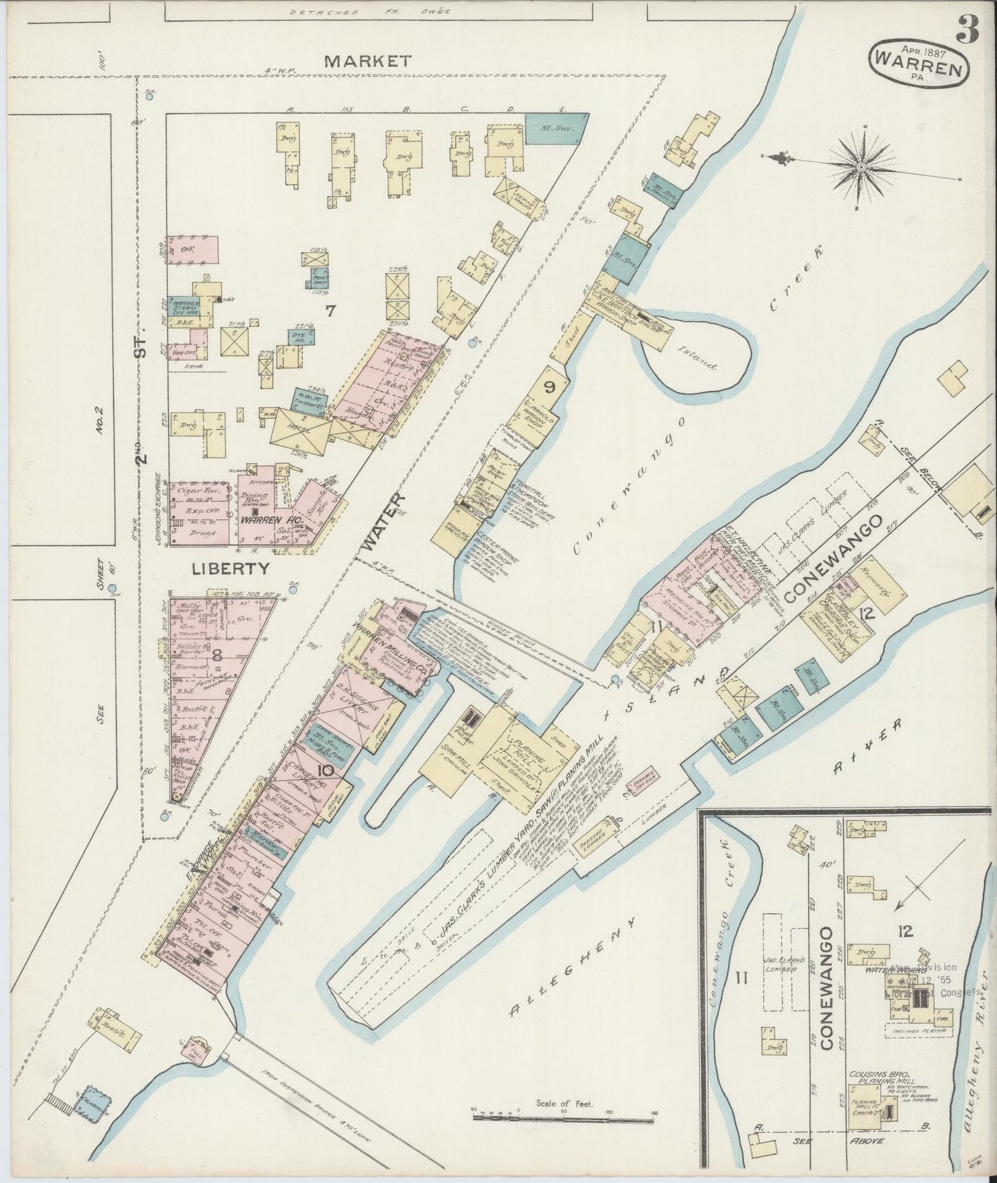 Sanborn Fire Insurance Map from Warren, Warren County, Pennsylvania (1887), Sheet #0003 - Complete Map Set gallery image, historic Sanborn map, vintage wall art, Pennsylvania Pennsylvania