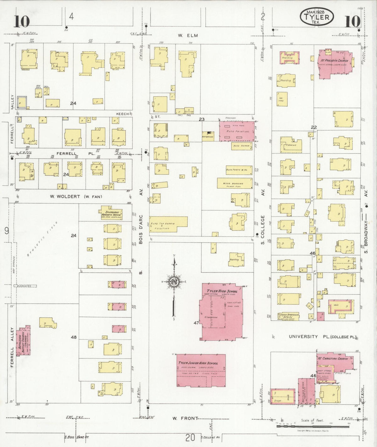Sanborn Fire Insurance Map from Tyler, Smith County, Texas (1928), Sheet #0010 - Complete Map Set gallery image, historic Sanborn map, vintage wall art, Texas Texas