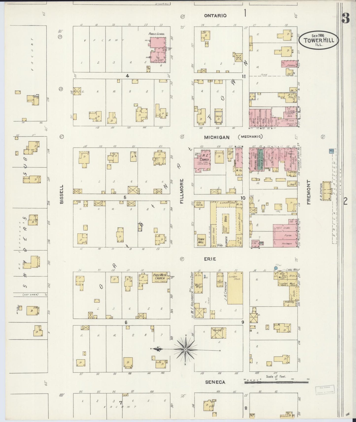 Sanborn Fire Insurance Map from Tower Hill, Shelby County, Illinois (1906), Sheet #0003 - Historic Sanborn Fire Insurance Map Print, vintage old map wall art, antique decor, genealogy gift, Illinois Illinois map