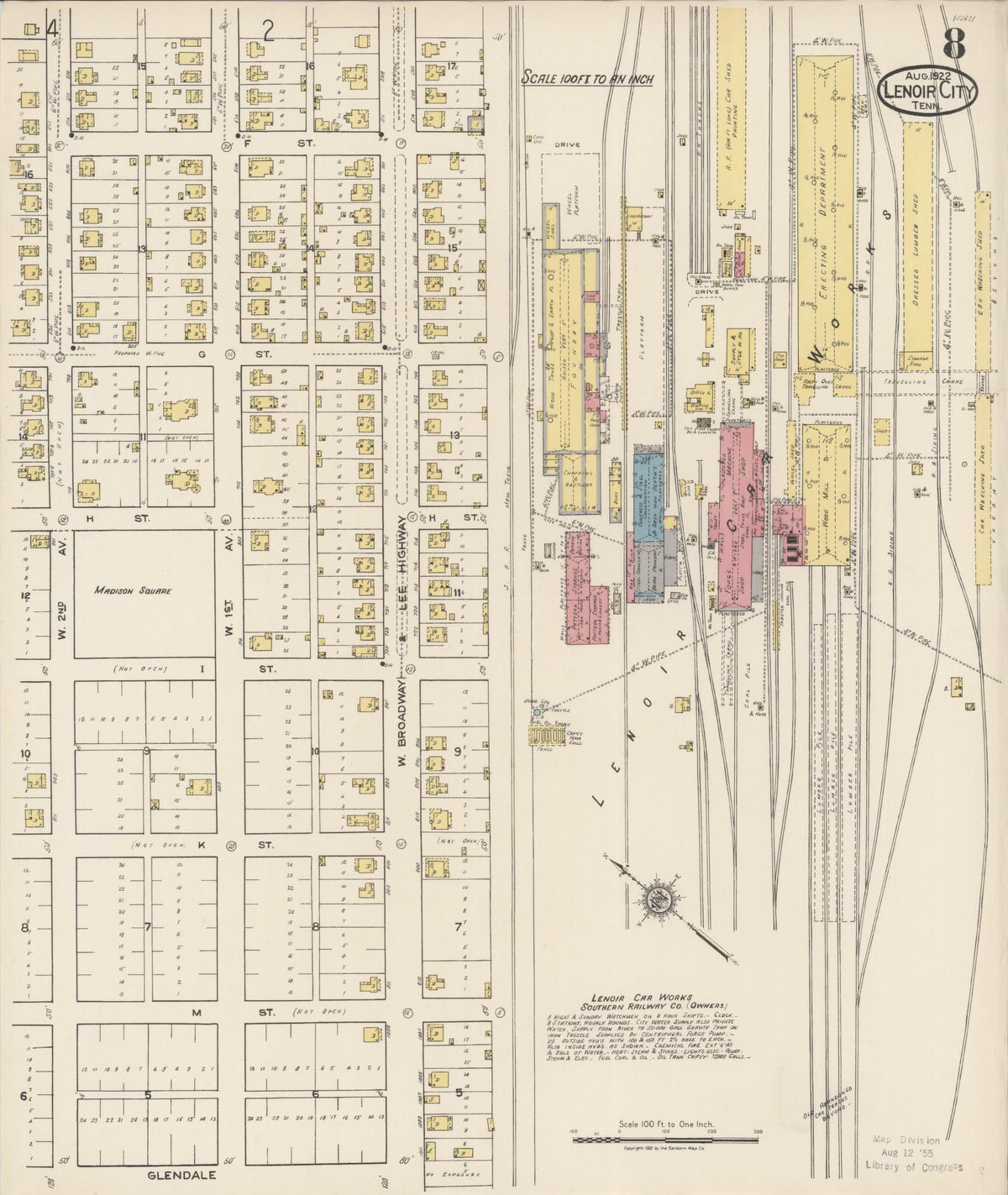 Sanborn Fire Insurance Map from Lenoir City, Loudon County, Tennessee (1922), Sheet #0008 - Historic Sanborn Fire Insurance Map Print, vintage old map wall art, antique decor, genealogy gift, Tennessee Tennessee map