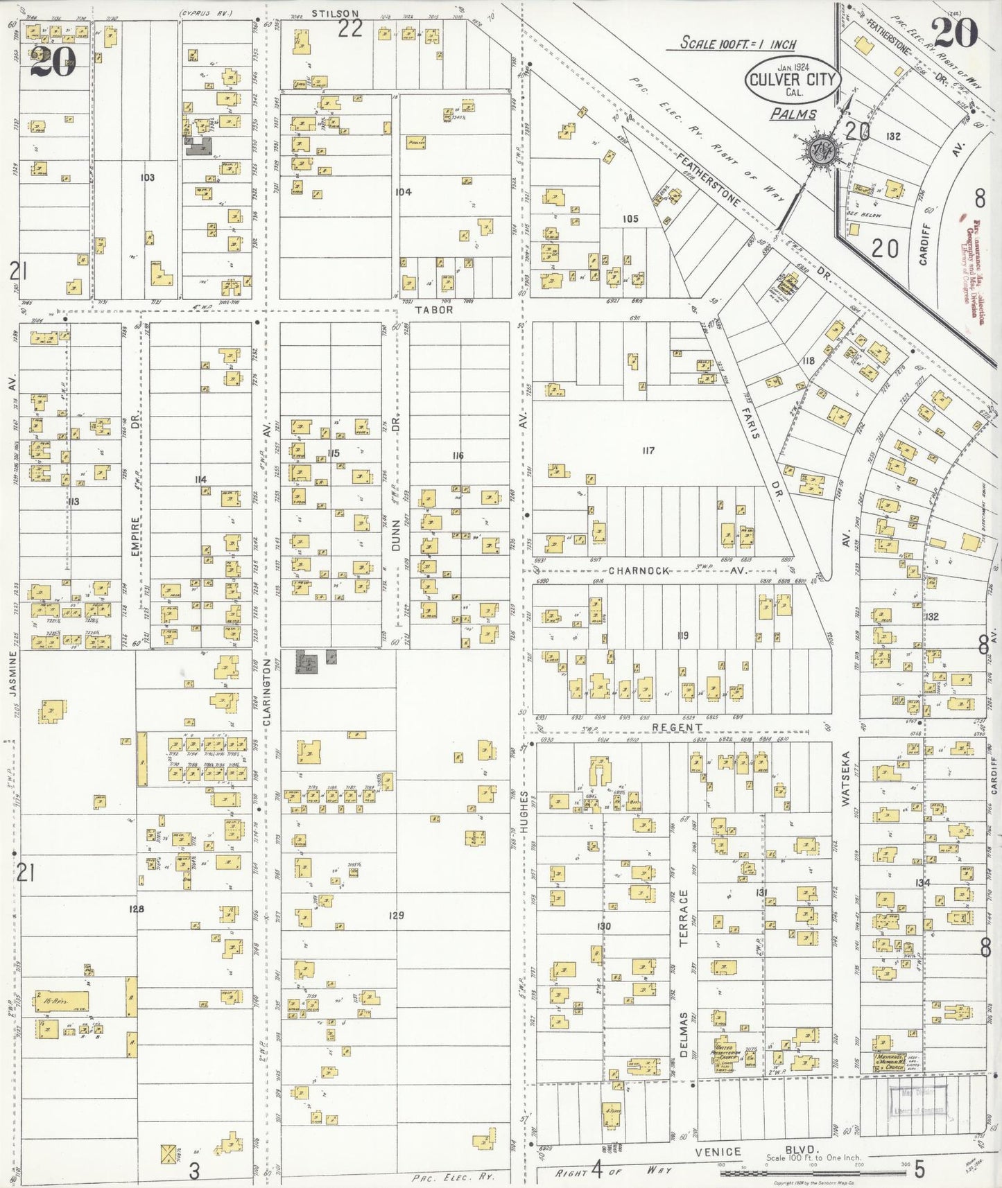 Sanborn Fire Insurance Map from Culver City, Los Angeles County, California (1924), Sheet #0020 - Complete Map Set gallery image, historic Sanborn map, vintage wall art, California California