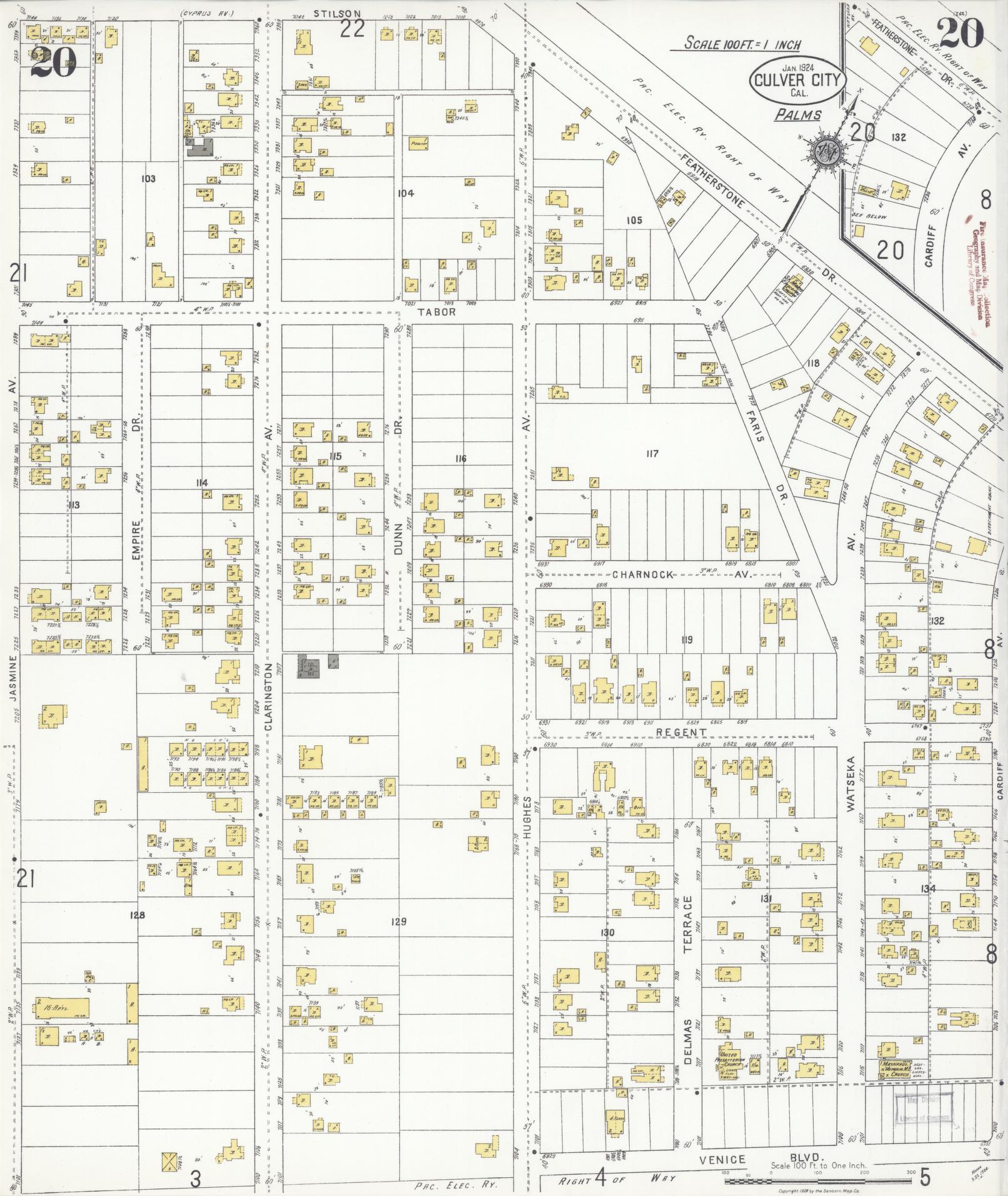 Sanborn Fire Insurance Map from Culver City, Los Angeles County, California (1924), Sheet #0020 - Complete Map Set gallery image, historic Sanborn map, vintage wall art, California California