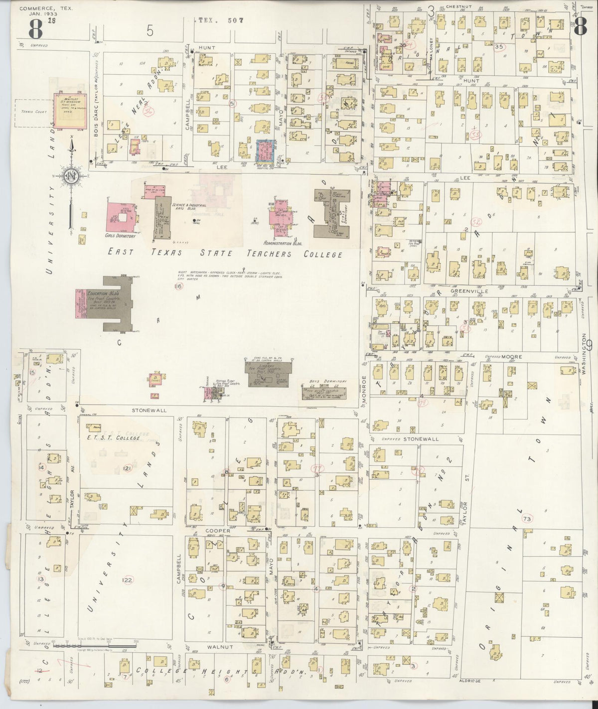 Sanborn Fire Insurance Map from Commerce, Hunt County, Texas (1940), Sheet #0008 - Historic Sanborn Fire Insurance Map Print, vintage old map wall art, antique decor, genealogy gift, Texas Texas map