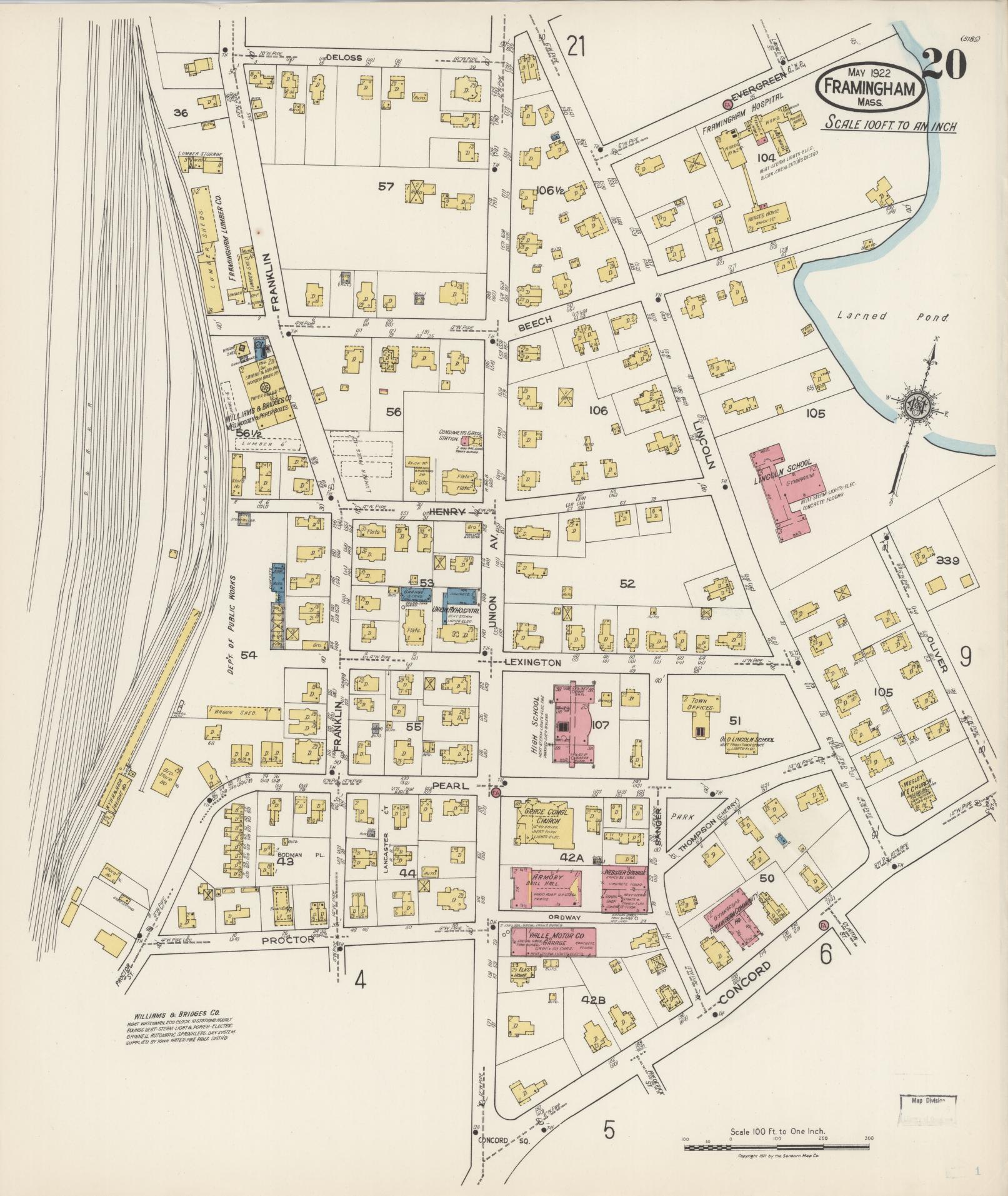 Sanborn Fire Insurance Map from Framingham, Middlesex County, Massachusetts (1922), Sheet #0020 - Historic Sanborn Fire Insurance Map Print, vintage old map wall art, antique decor, genealogy gift, Massachusetts Massachusetts map