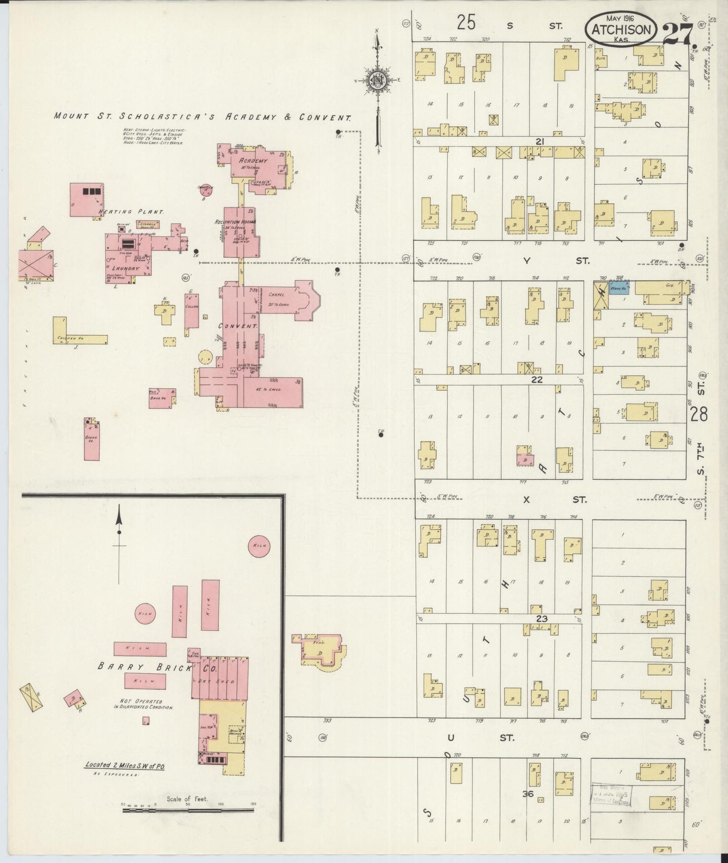 Sanborn Fire Insurance Map from Atchison, Atchison County, Kansas (1916), Sheet #0027 - Historic Sanborn Fire Insurance Map Print, vintage old map wall art, antique decor, genealogy gift, Kansas Kansas map