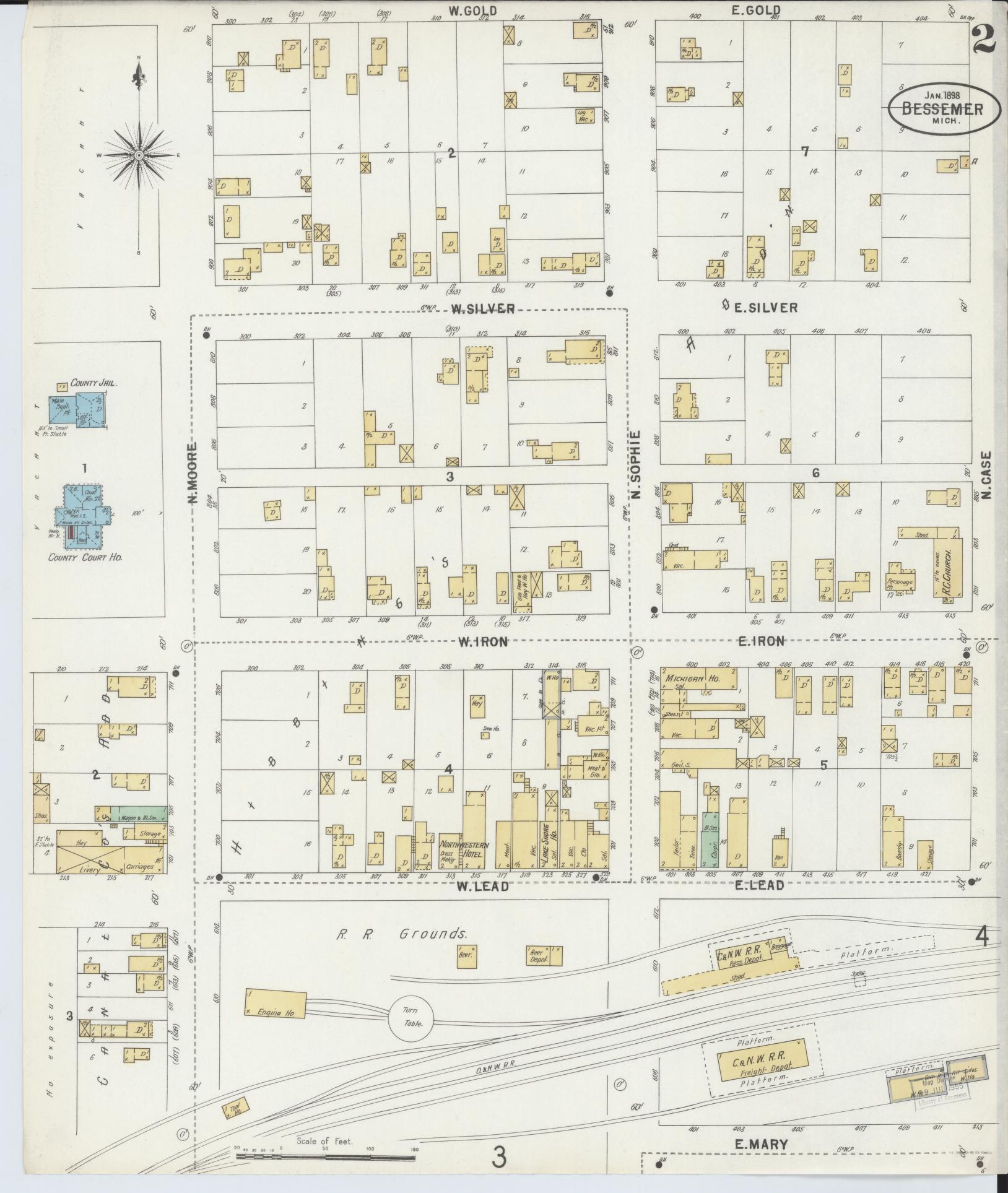 Sanborn Fire Insurance Map from Bessemer, Gogebic County, Michigan (1898), Sheet #0002 - Historic Sanborn Fire Insurance Map Print, vintage old map wall art, antique decor, genealogy gift, Michigan Michigan map