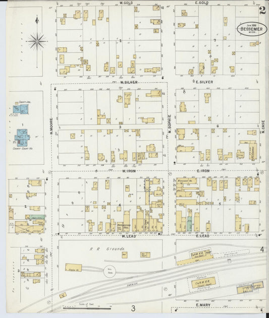 Sanborn Fire Insurance Map from Bessemer, Gogebic County, Michigan (1898), Sheet #0002 - Historic Sanborn Fire Insurance Map Print, vintage old map wall art, antique decor, genealogy gift, Michigan Michigan map