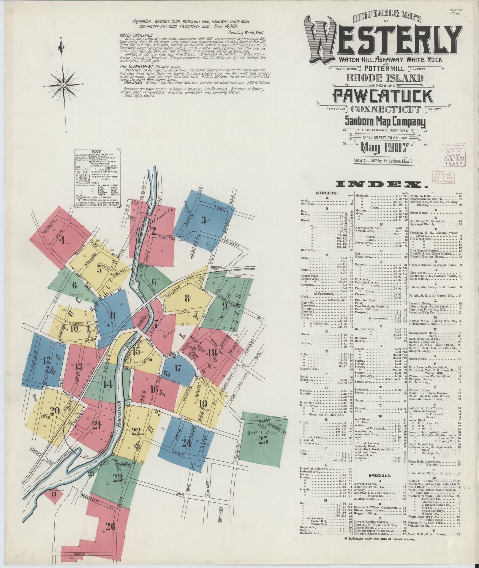 Sanborn Fire Insurance Map from Westerly, Washington County, Rhode Island. (1907) – Historic Sanborn Fire Insurance Map Print
