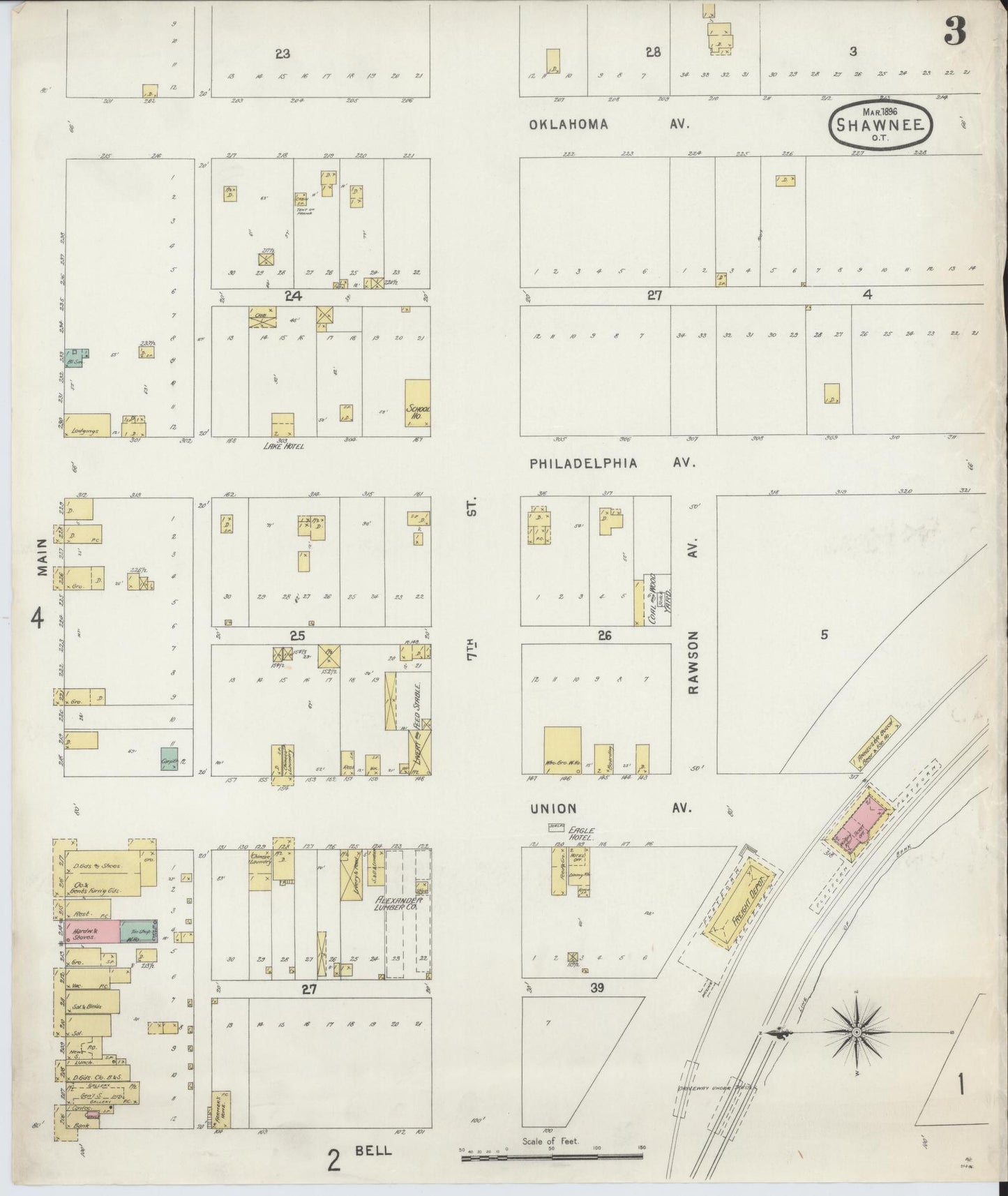 Sanborn Fire Insurance Map from Shawnee, Pottawatomie County, Oklahoma (1896), Sheet #0003 - Complete Map Set gallery image, historic Sanborn map, vintage wall art, Oklahoma Oklahoma