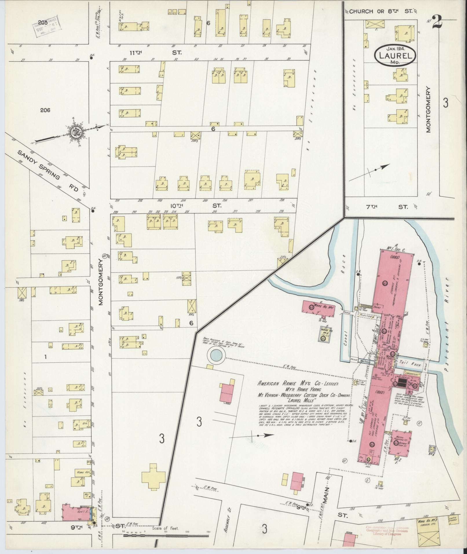 Sanborn Fire Insurance Map from Laurel, Prince Georges County, Maryland (1914), Sheet #0002 - Historic Sanborn Fire Insurance Map Print, vintage old map wall art