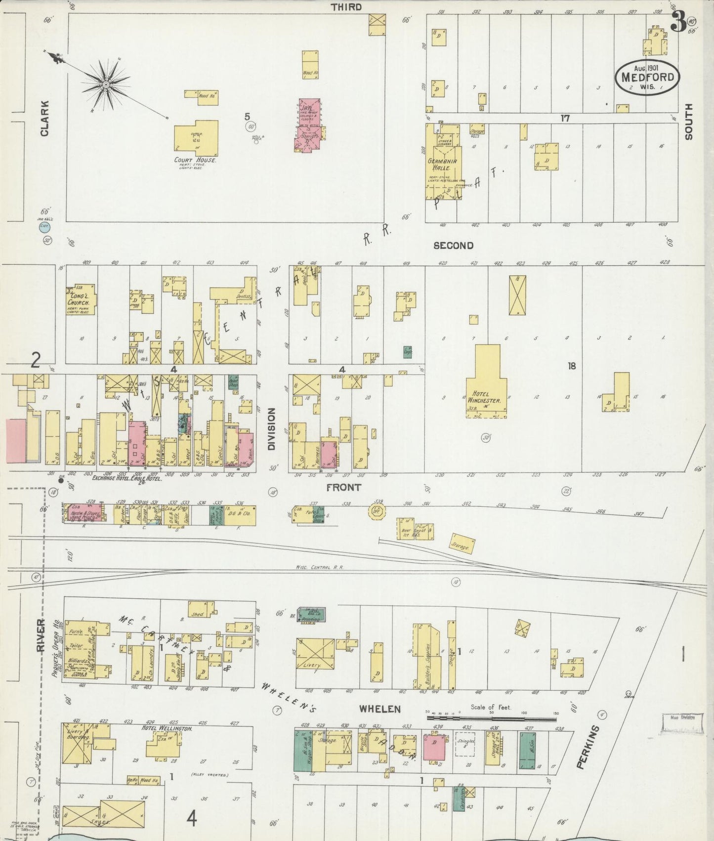 Sanborn Fire Insurance Map from Medford, Taylor County, Wisconsin (1901), Sheet #0003 - Complete Map Set gallery image, historic Sanborn map, vintage wall art, Wisconsin Wisconsin