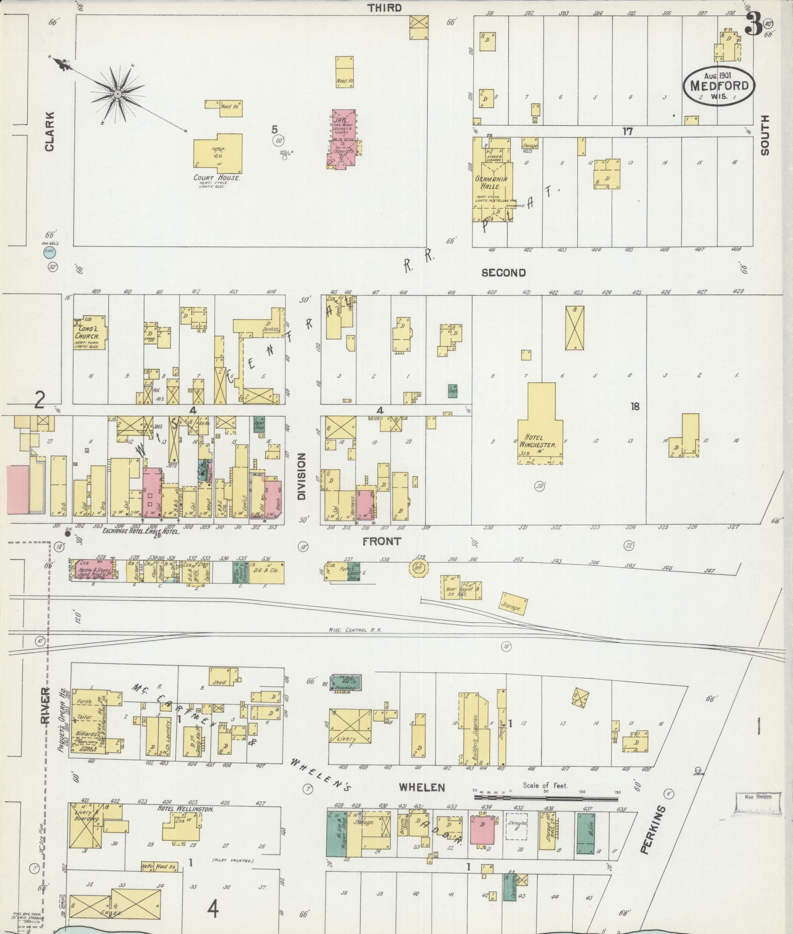 Sanborn Fire Insurance Map from Medford, Taylor County, Wisconsin (1901), Sheet #0003 - Complete Map Set gallery image, historic Sanborn map, vintage wall art, Wisconsin Wisconsin