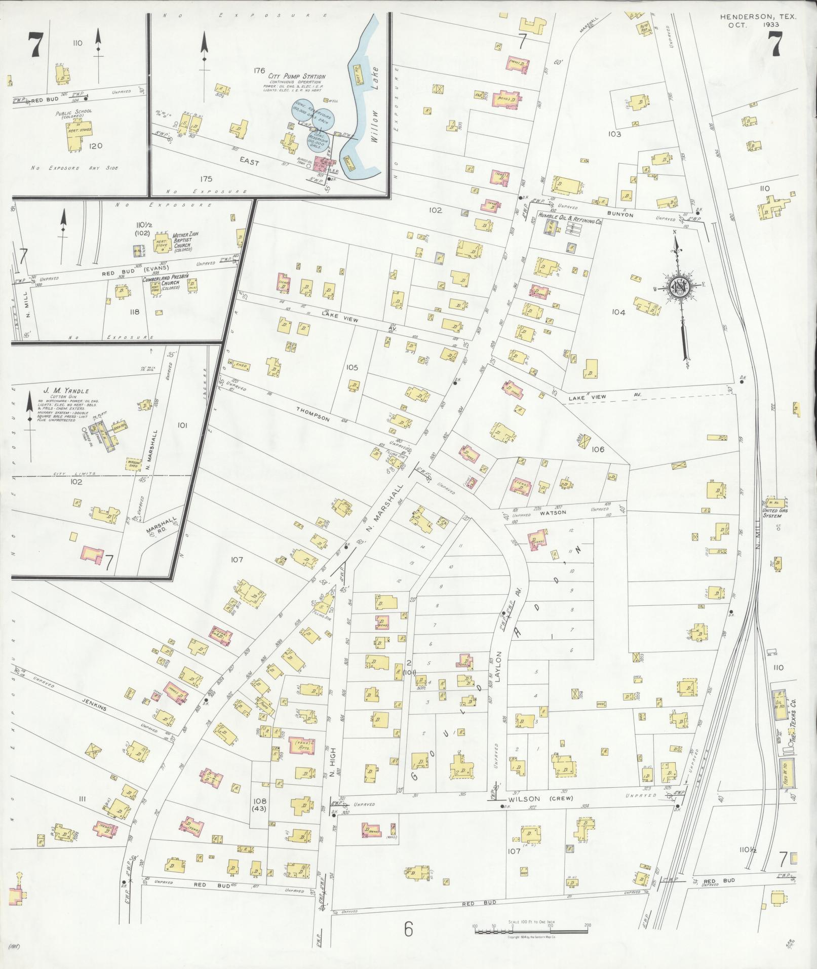 Sanborn Fire Insurance Map from Henderson, Rusk County, Texas (1933), Sheet #0007 - Complete Map Set gallery image, historic Sanborn map, vintage wall art, Texas Texas