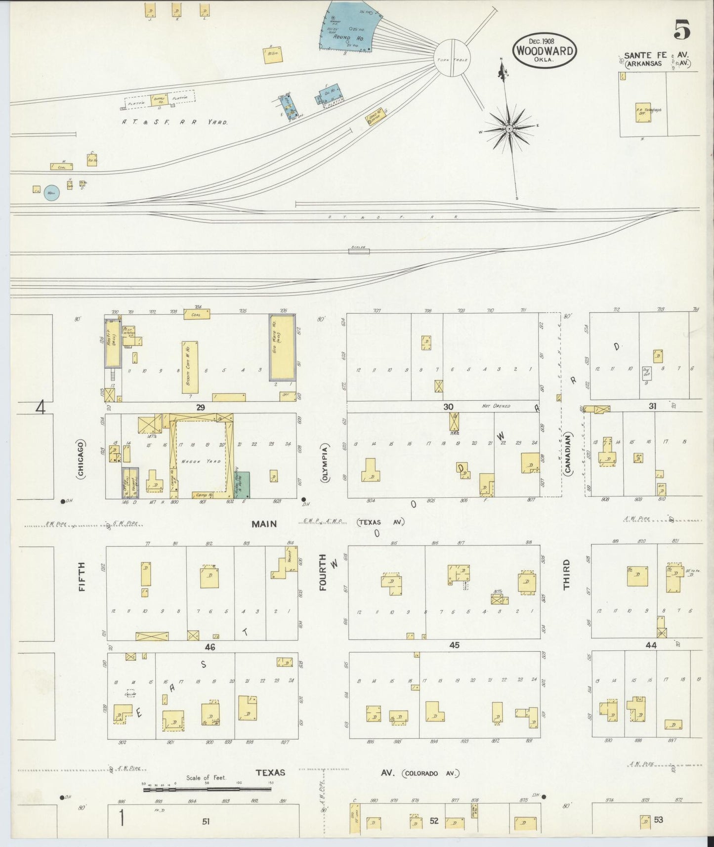Sanborn Fire Insurance Map from Woodward, Woodward County, Oklahoma (1908), Sheet #0005 - Complete Map Set gallery image, historic Sanborn map, vintage wall art, Oklahoma Oklahoma