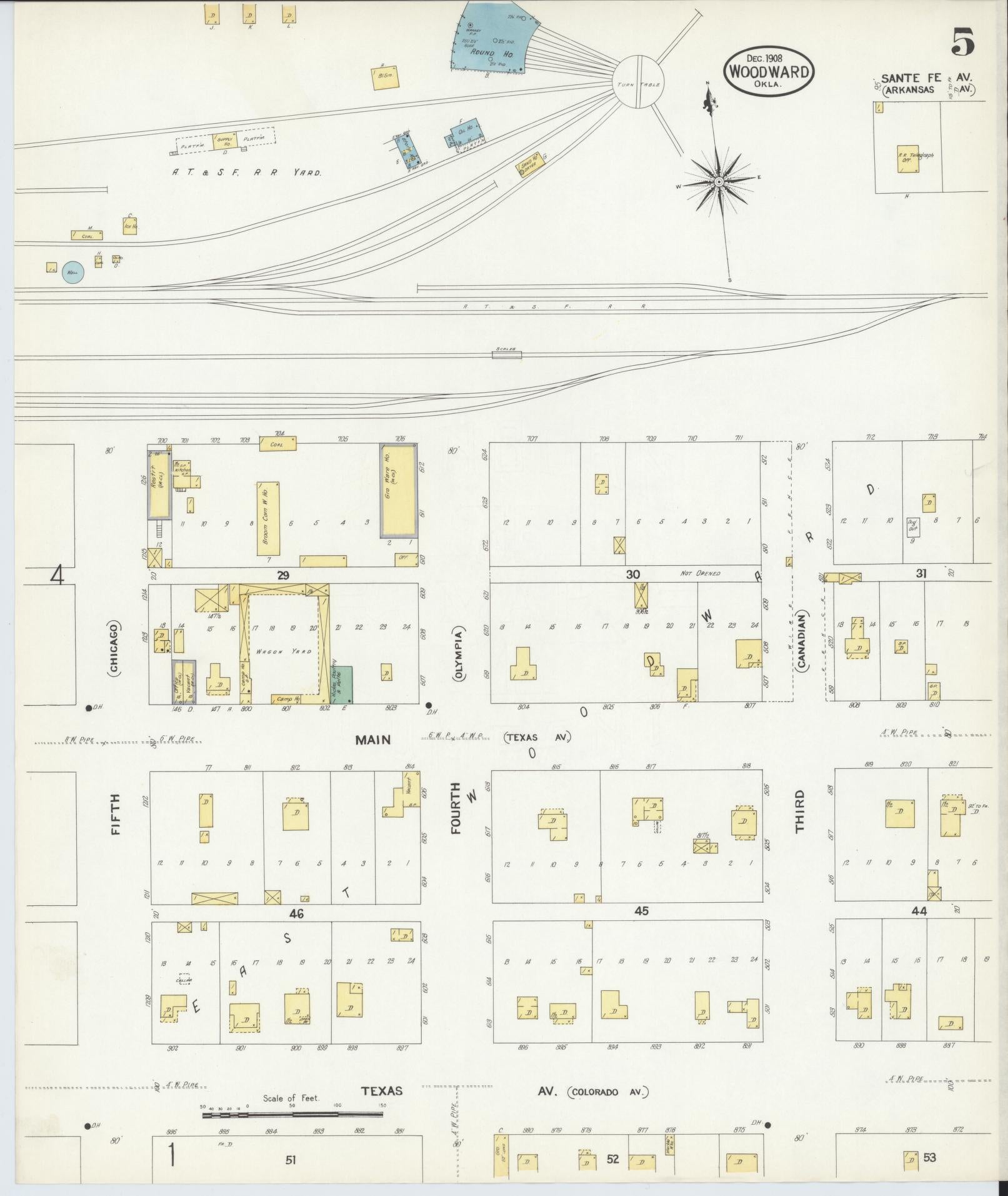 Sanborn Fire Insurance Map from Woodward, Woodward County, Oklahoma (1908), Sheet #0005 - Complete Map Set gallery image, historic Sanborn map, vintage wall art, Oklahoma Oklahoma