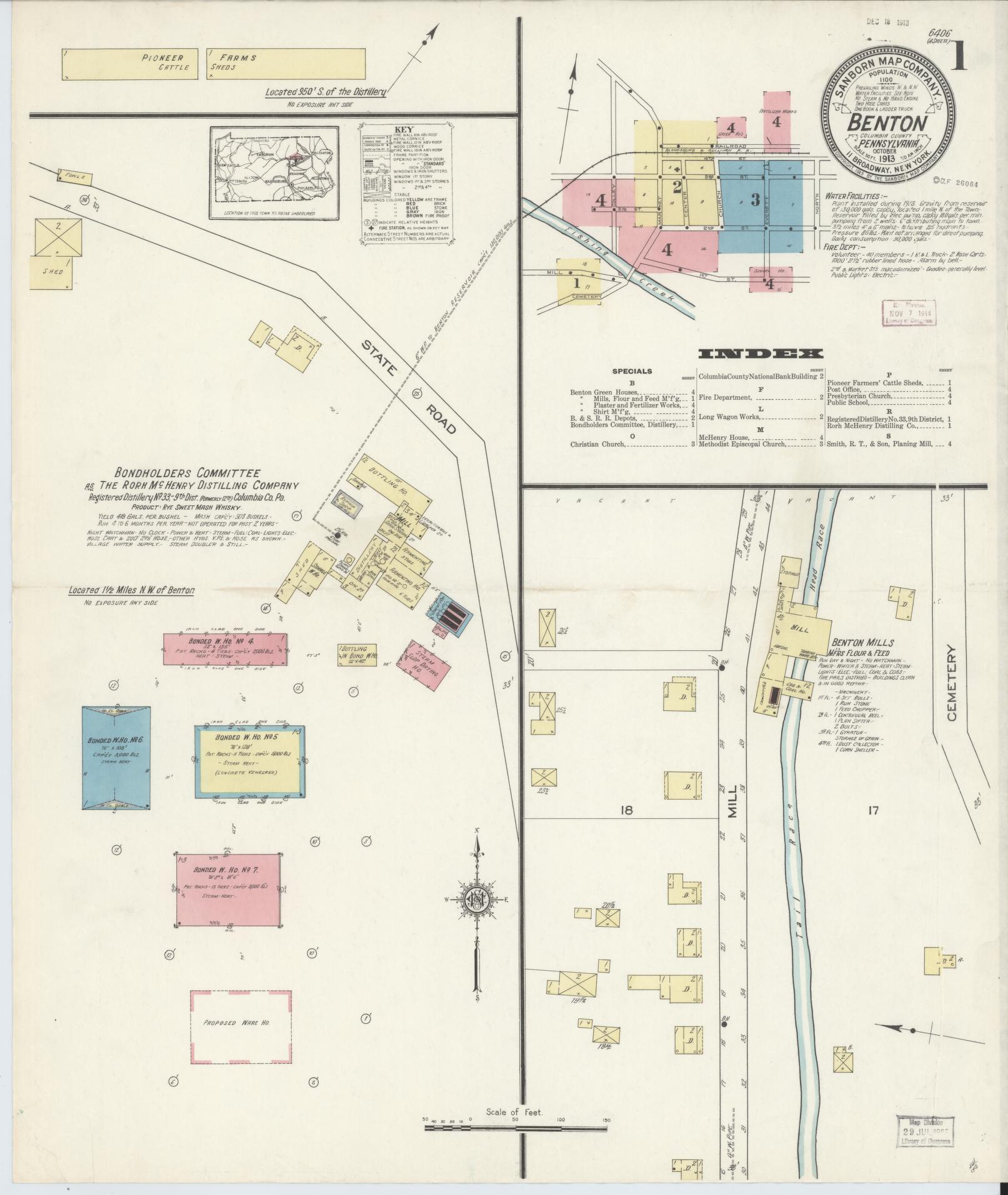 Sanborn Fire Insurance Map from Benton, Columbia County, Pennsylvania (1913), Sheet #0001 - Historic Sanborn Fire Insurance Map Print, vintage old map wall art, antique decor, genealogy gift, Pennsylvania Pennsylvania map