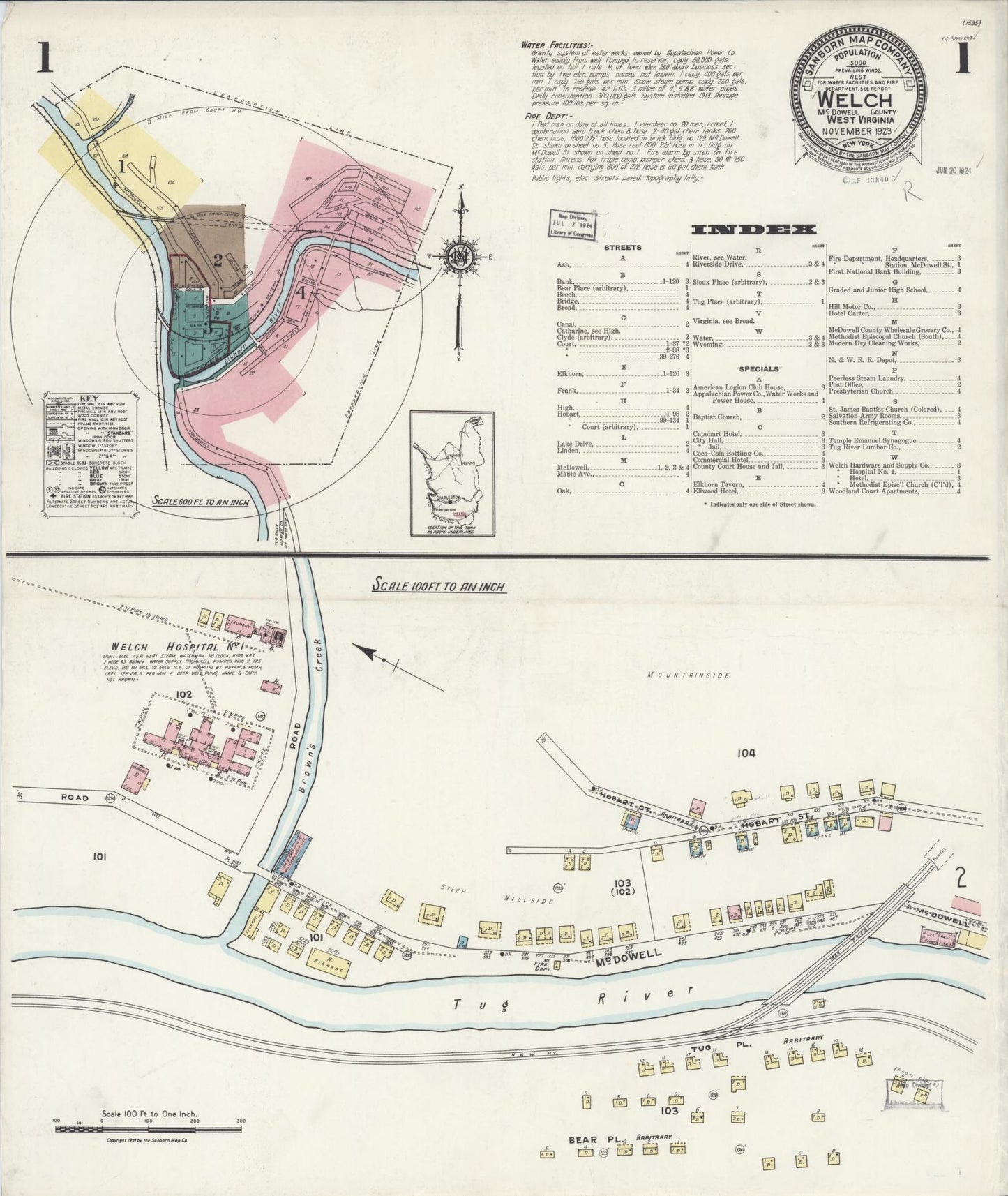 Sanborn Fire Insurance Map from Welch, Mcdowell County, West Virginia (1923), Sheet #0001 - Historic Sanborn Fire Insurance Map Print, vintage old map wall art, antique decor, genealogy gift, West Virginia West Virginia map