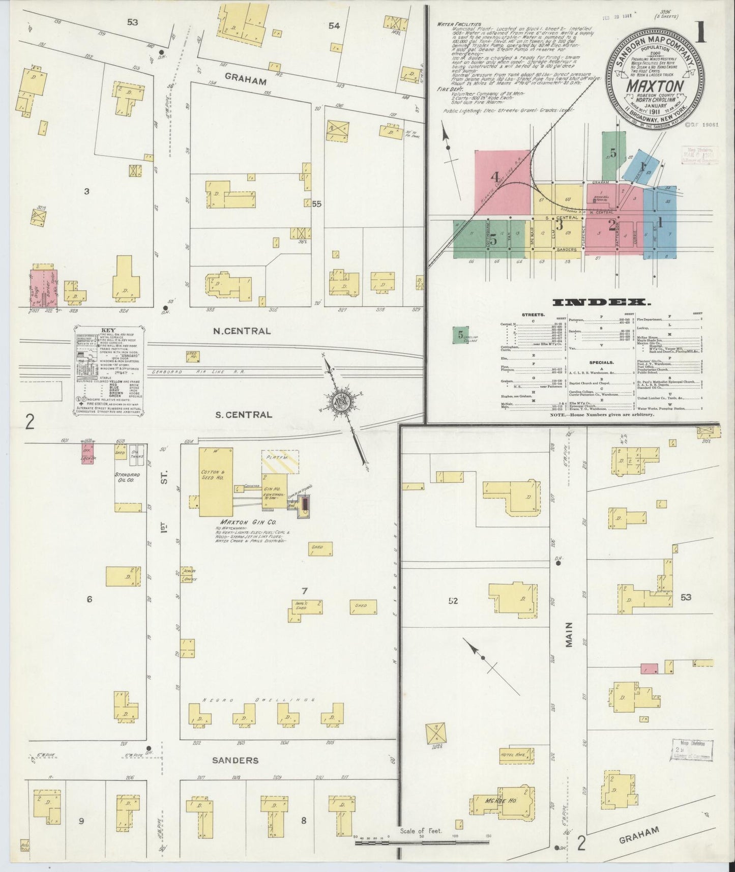 Sanborn Fire Insurance Map from Maxton, Robeson County, North Carolina (1911), Sheet #0001 - Complete Map Set gallery image, historic Sanborn map, vintage wall art, North Carolina North Carolina
