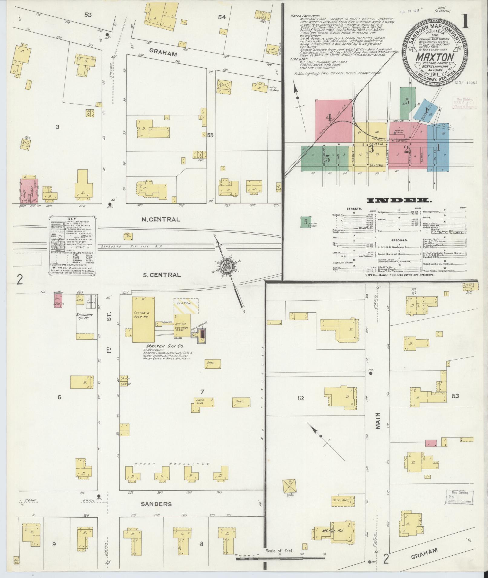 Sanborn Fire Insurance Map from Maxton, Robeson County, North Carolina (1911), Sheet #0001 - Complete Map Set gallery image, historic Sanborn map, vintage wall art, North Carolina North Carolina