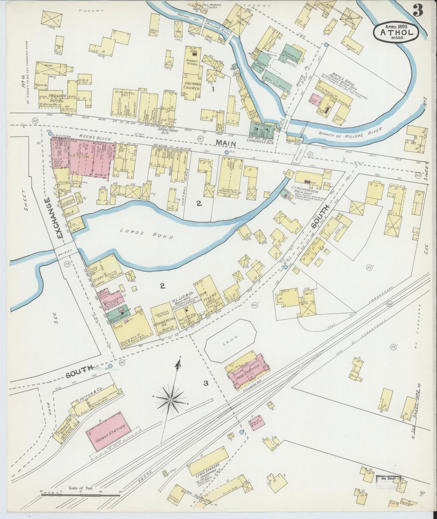 Sanborn Fire Insurance Map from Athol, Worcester County, Massachusetts (1892), Sheet #0003 - Complete Map Set gallery image, historic Sanborn map, vintage wall art, Massachusetts Massachusetts