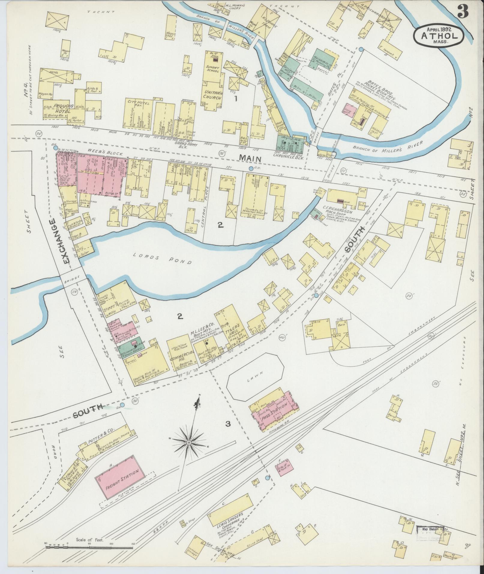 Sanborn Fire Insurance Map from Athol, Worcester County, Massachusetts (1892), Sheet #0003 - Complete Map Set gallery image, historic Sanborn map, vintage wall art, Massachusetts Massachusetts