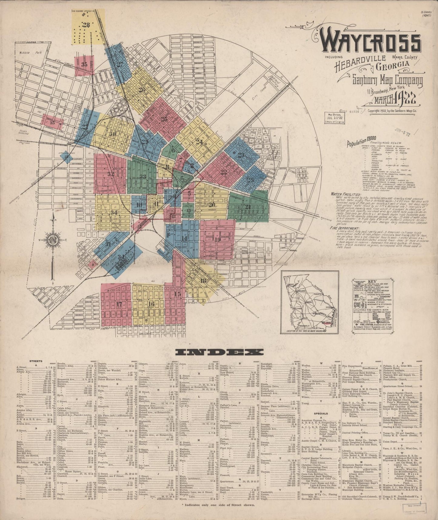 Sanborn Fire Insurance Map from Waycross, Ware County, Georgia (1922), Sheet #0001 - Complete Map Set gallery image, historic Sanborn map, vintage wall art, Georgia Georgia