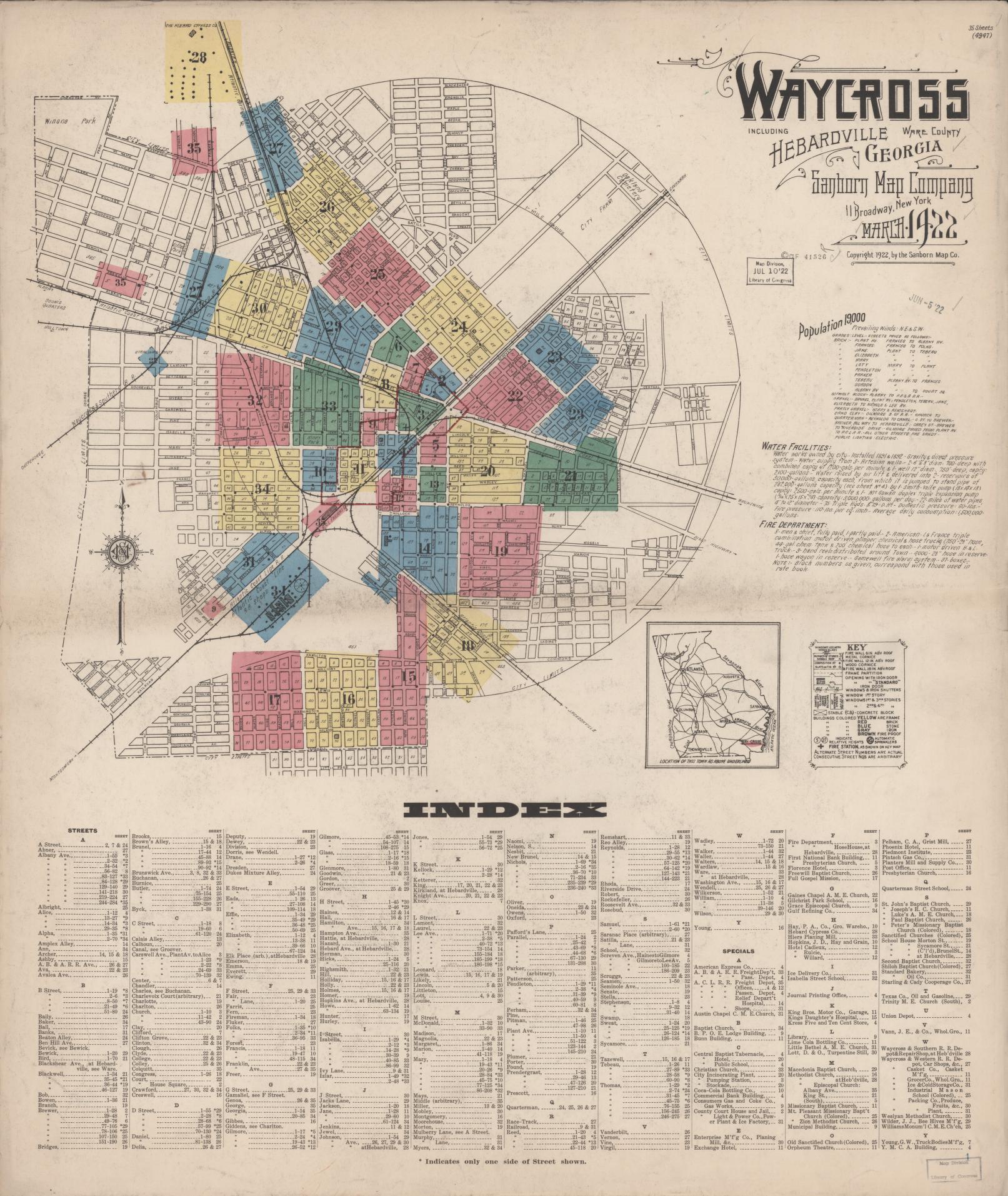Sanborn Fire Insurance Map from Waycross, Ware County, Georgia (1922), Sheet #0001 - Complete Map Set gallery image, historic Sanborn map, vintage wall art, Georgia Georgia