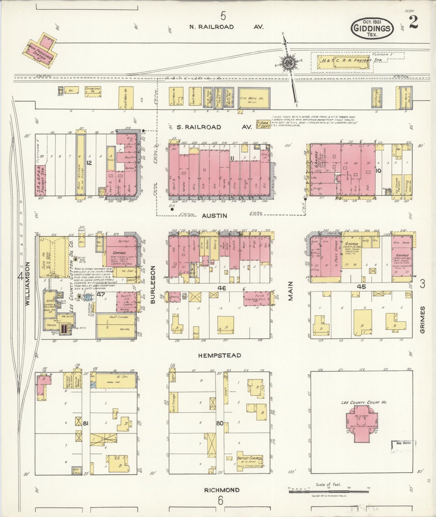 Sanborn Fire Insurance Map from Giddings, Lee County, Texas (1921), Sheet #0002 - Complete Map Set gallery image, historic Sanborn map, vintage wall art, Texas Texas