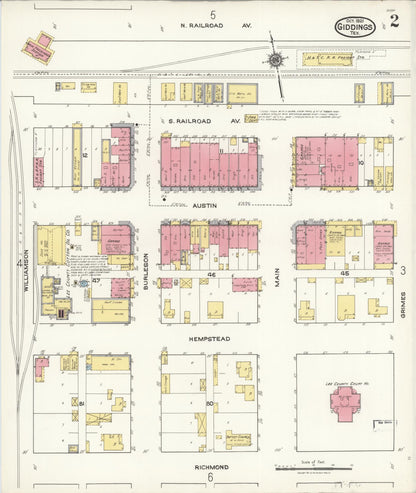 Sanborn Fire Insurance Map from Giddings, Lee County, Texas (1921), Sheet #0002 - Complete Map Set gallery image, historic Sanborn map, vintage wall art, Texas Texas