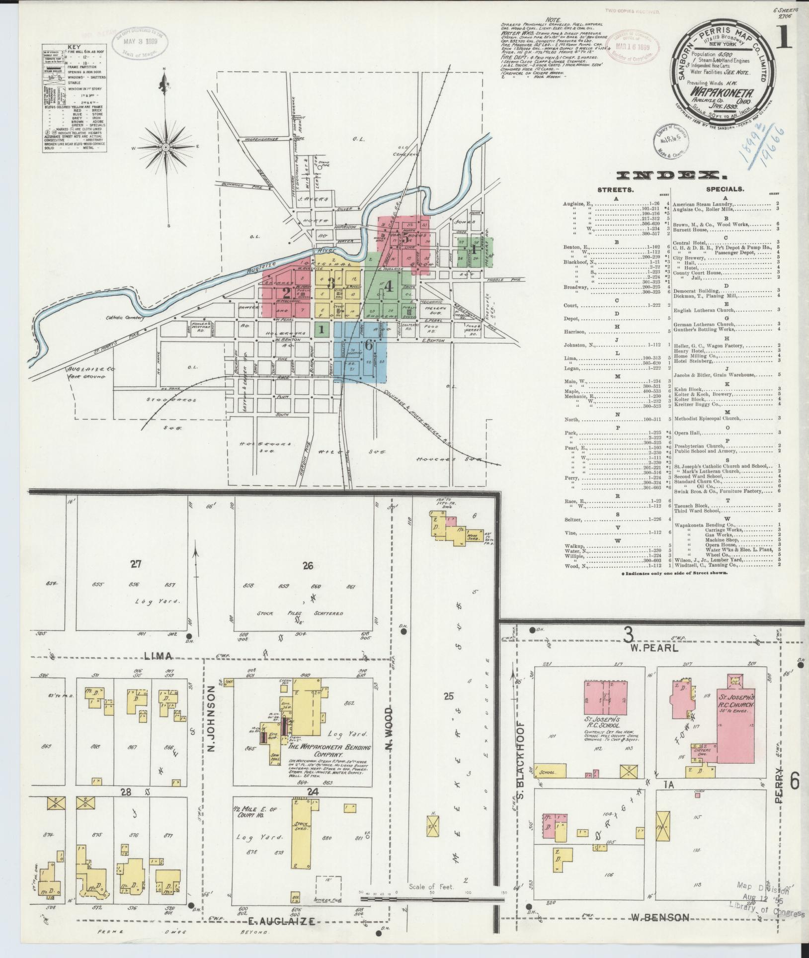 Sanborn Fire Insurance Map from Wapakoneta, Auglaize County, Ohio (1899), Sheet #0001 - Complete Map Set gallery image, historic Sanborn map, vintage wall art, Ohio Ohio