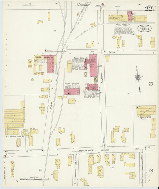 Sanborn Fire Insurance Map from Keene, Cheshire County, New Hampshire (1913), Sheet #0022 - Historic Sanborn Fire Insurance Map Print, vintage old map wall art, antique decor, genealogy gift, New Hampshire New Hampshire map